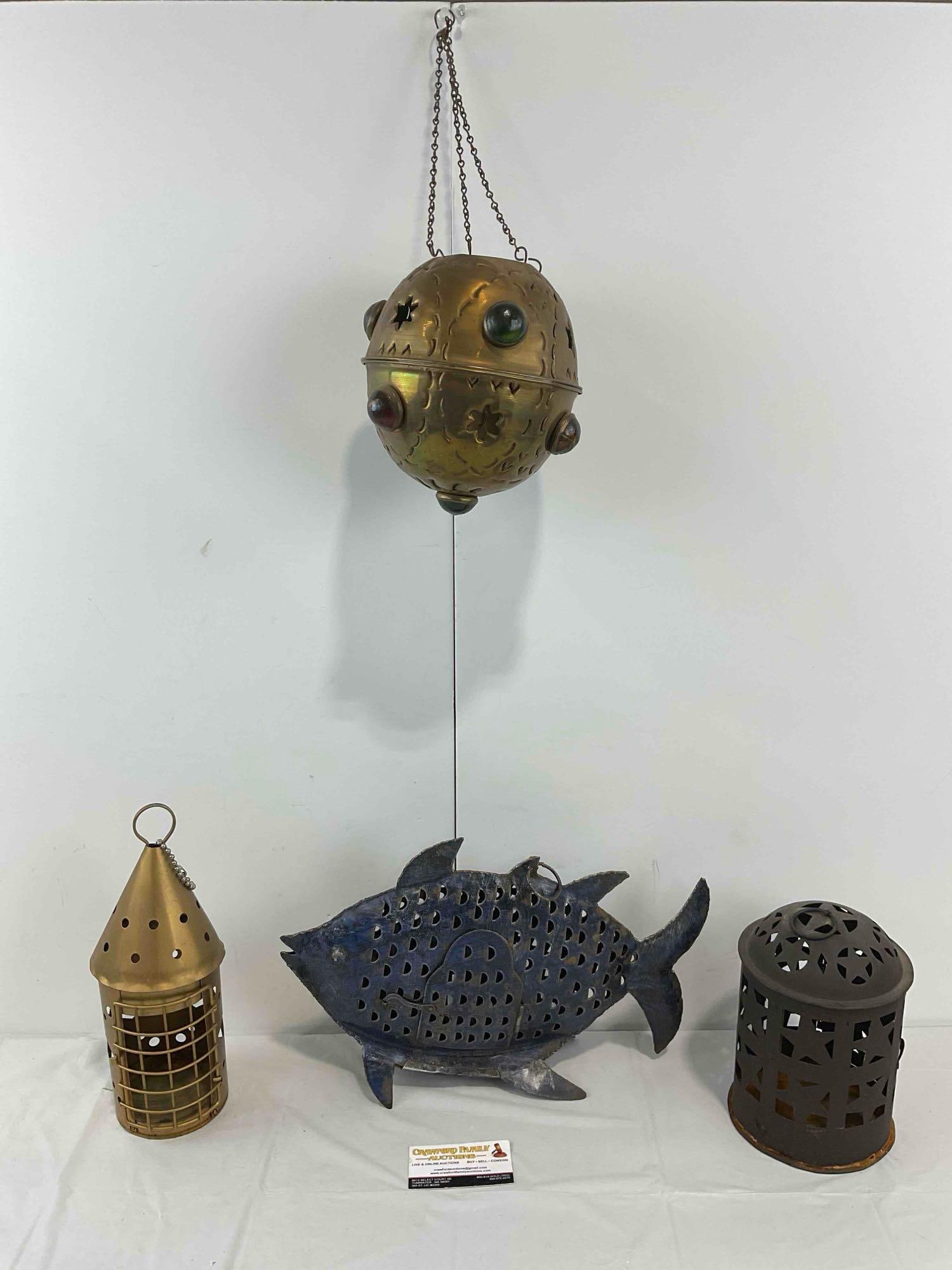 4 pcs Vintage Metal Lanterns, incl. 1x Hanging Lantern w/ Glass Accents & 1x Blue Fish. See pics. (1 of 6)