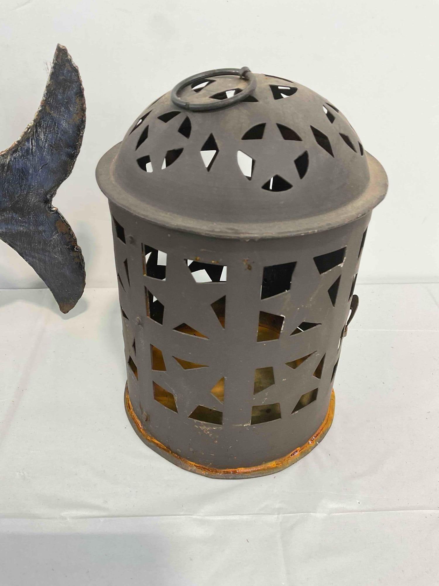 4 pcs Vintage Metal Lanterns, incl. 1x Hanging Lantern w/ Glass Accents & 1x Blue Fish. See pics. - 4