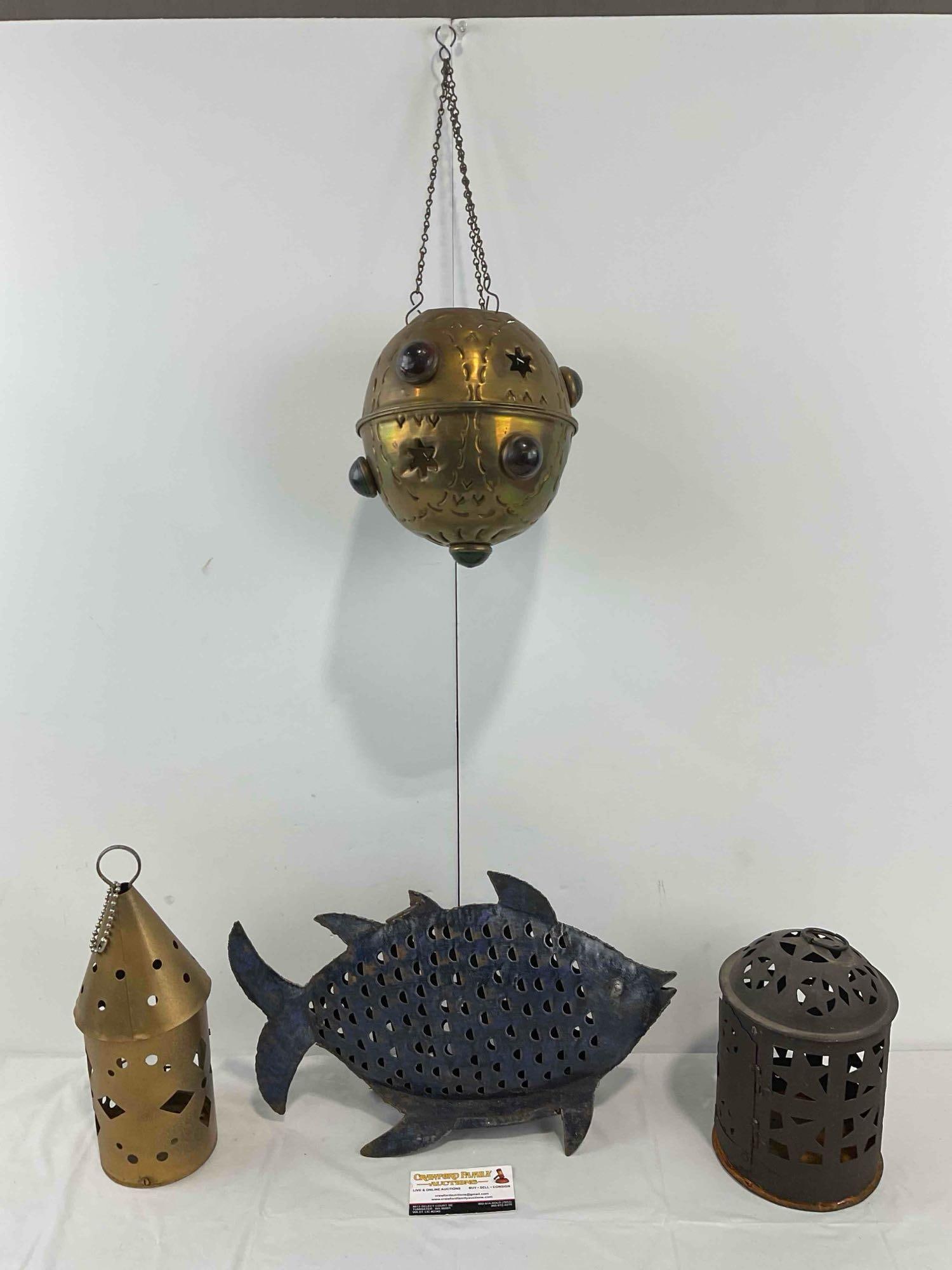 4 pcs Vintage Metal Lanterns, incl. 1x Hanging Lantern w/ Glass Accents & 1x Blue Fish. See pics. - 6