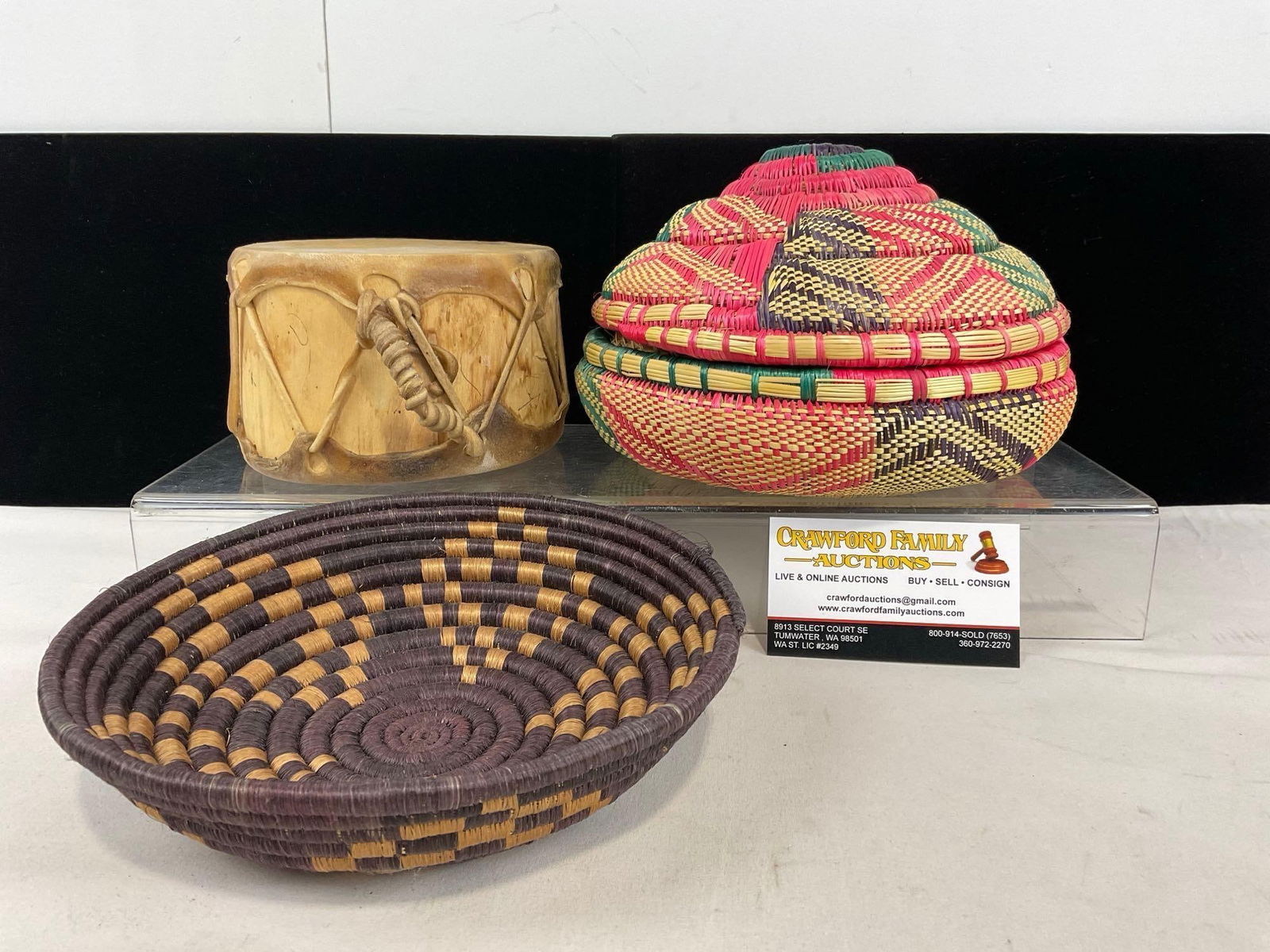 Ethiopian Handwoven Basket w/Lid, African Tribal Basket & Small Rawhide Drum (1 of 5)
