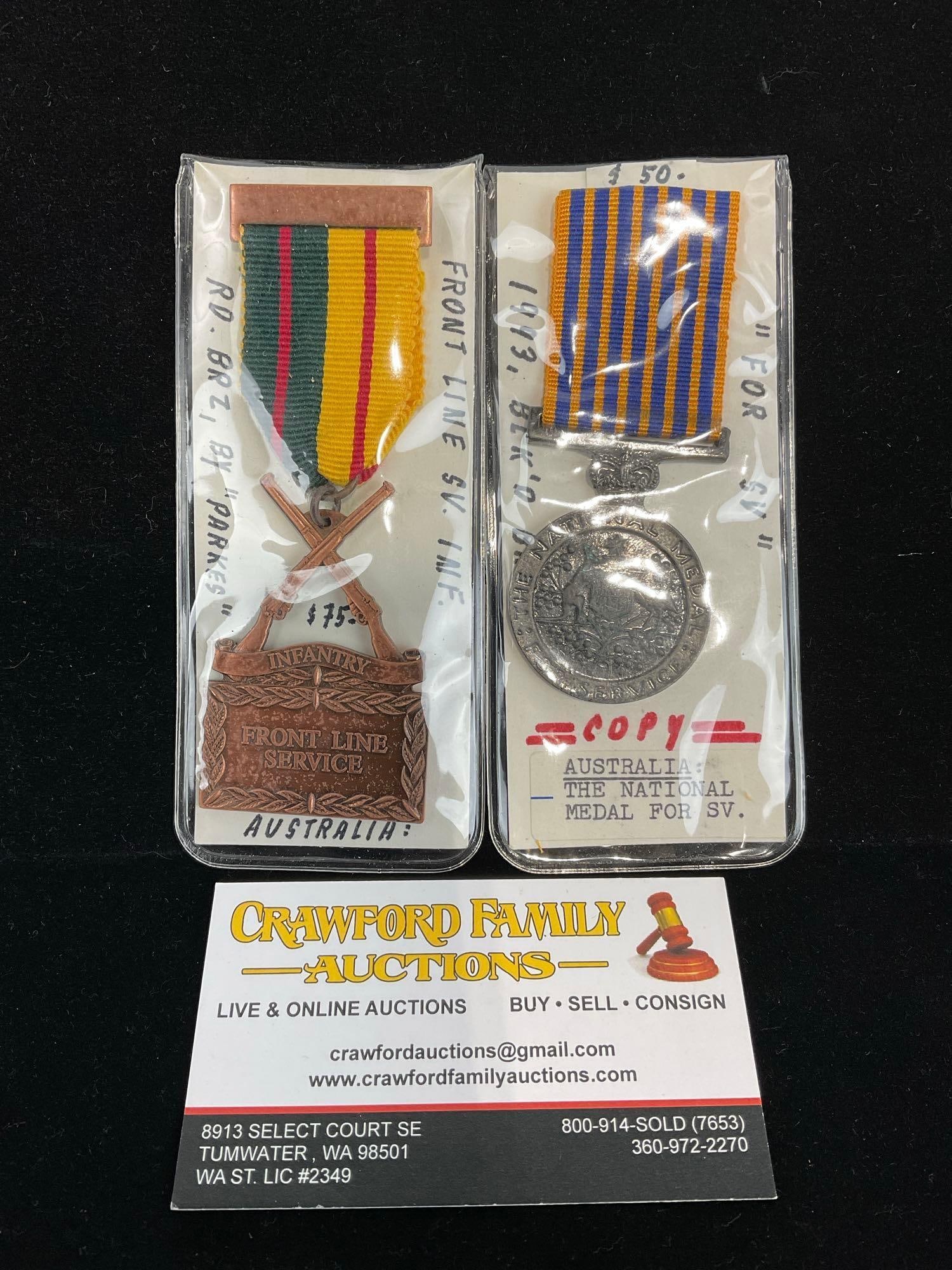 Pair of Australian Medals, Infantry Front Line Service & The National Medal for Service (Copy)? (1 of 3)