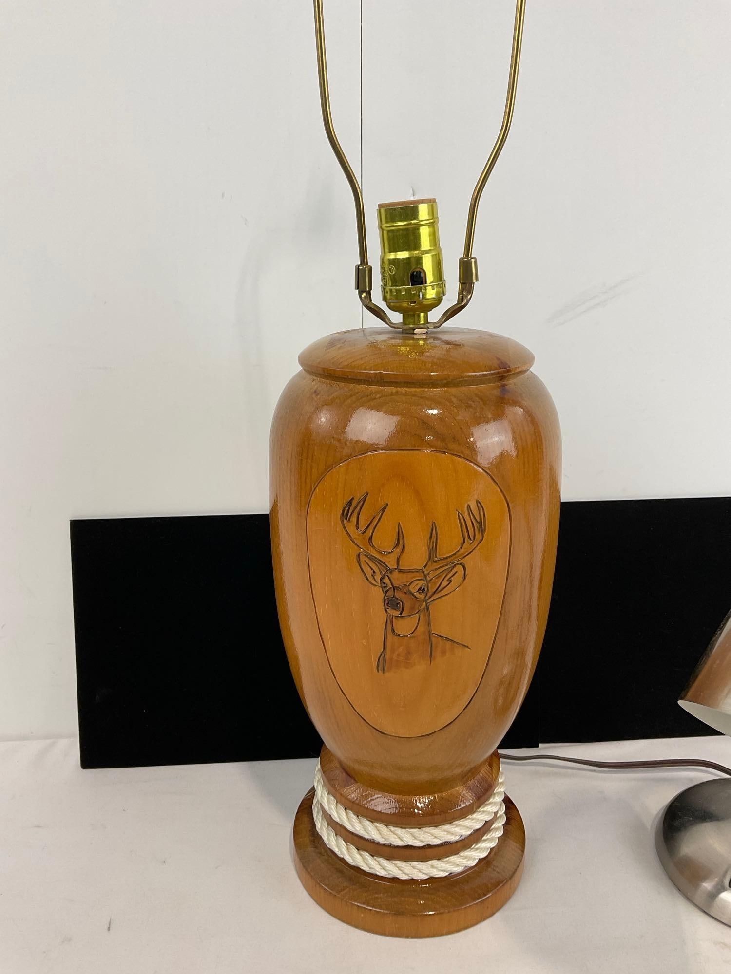Wooden Lamp w/ Deer Portrait, Aluminum Lamp, tested & working - 3