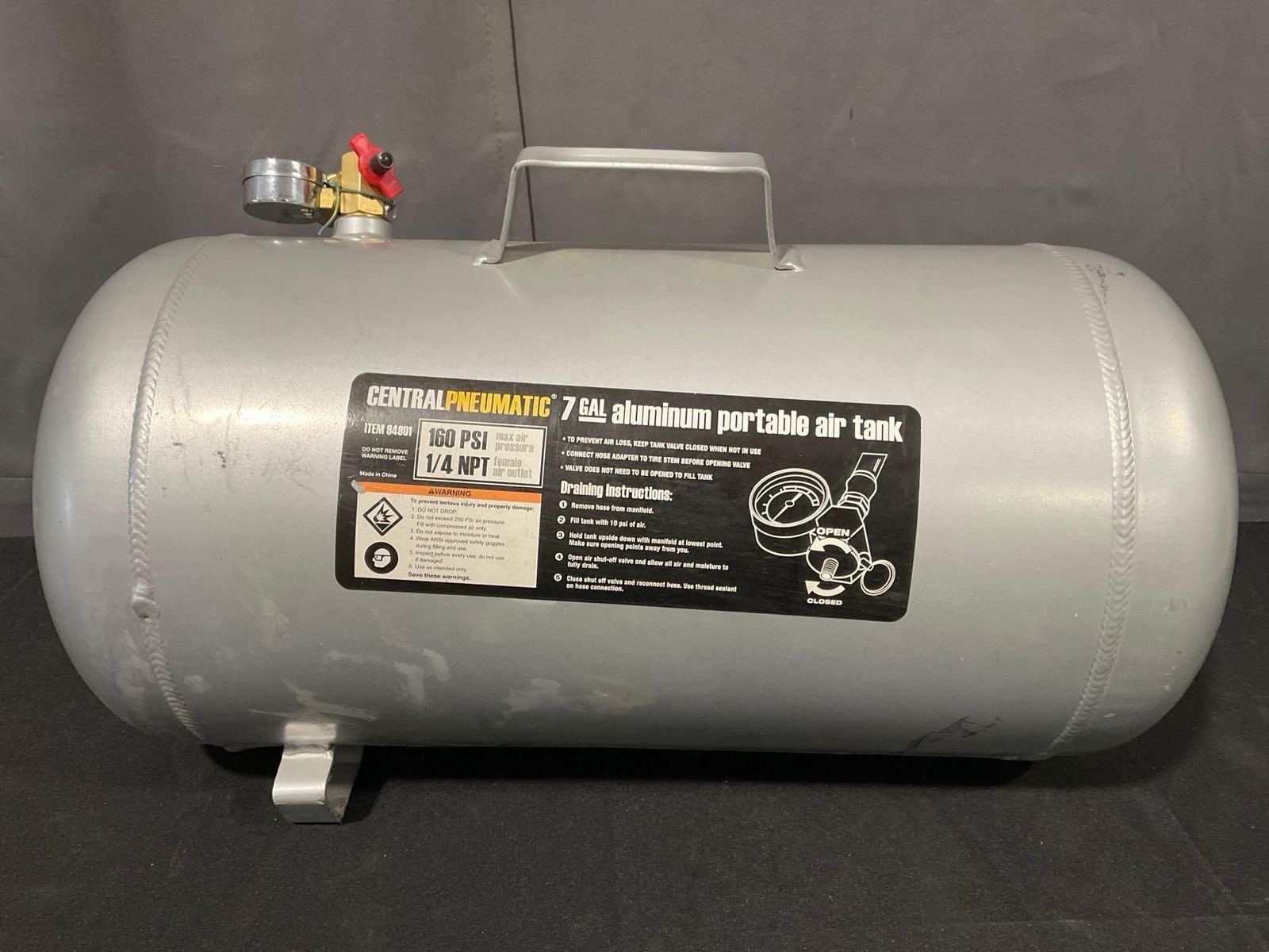 Central Pneumatic 7 Gallon Aluminum Portable Air Tank, 180 PSI, w/ Gauge, 15h x 22w x 11d inches (1 of 4)