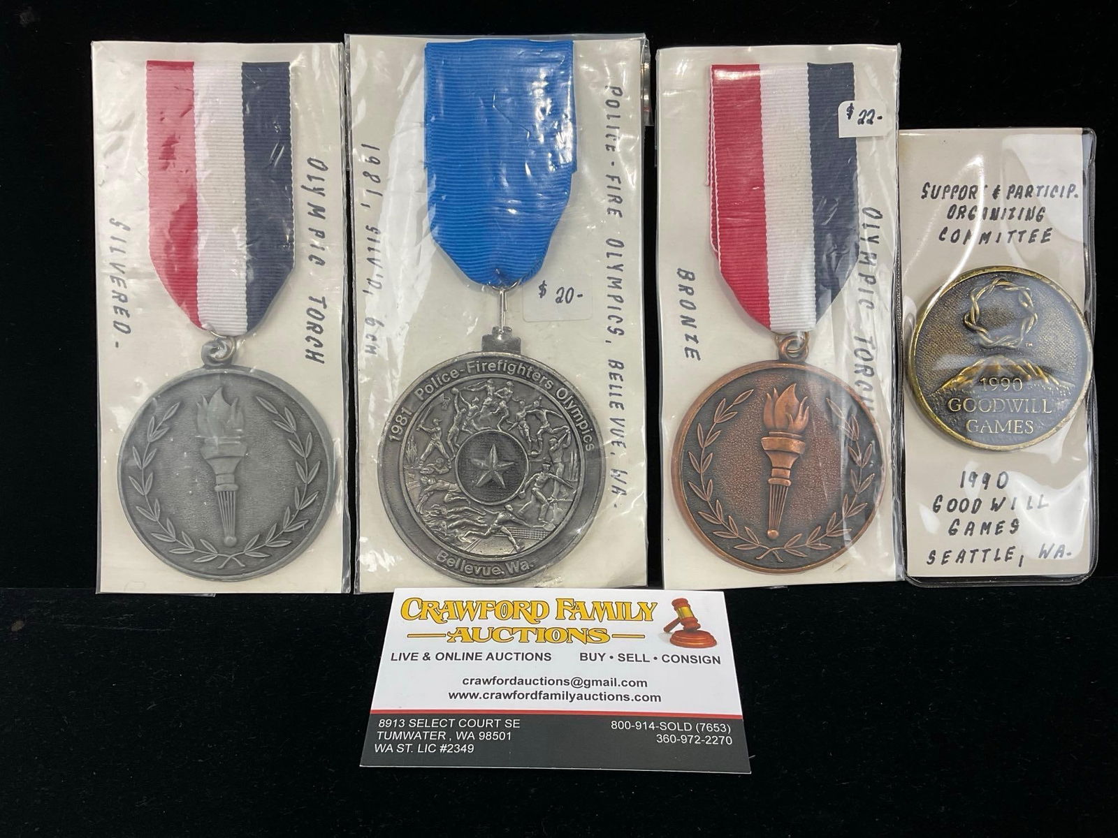 Set of 4 Medals, Olympic Torch, Silver & Bronze, Police-Fire Olympics 1981 & 1990 Goodwill Games, (1 of 5)