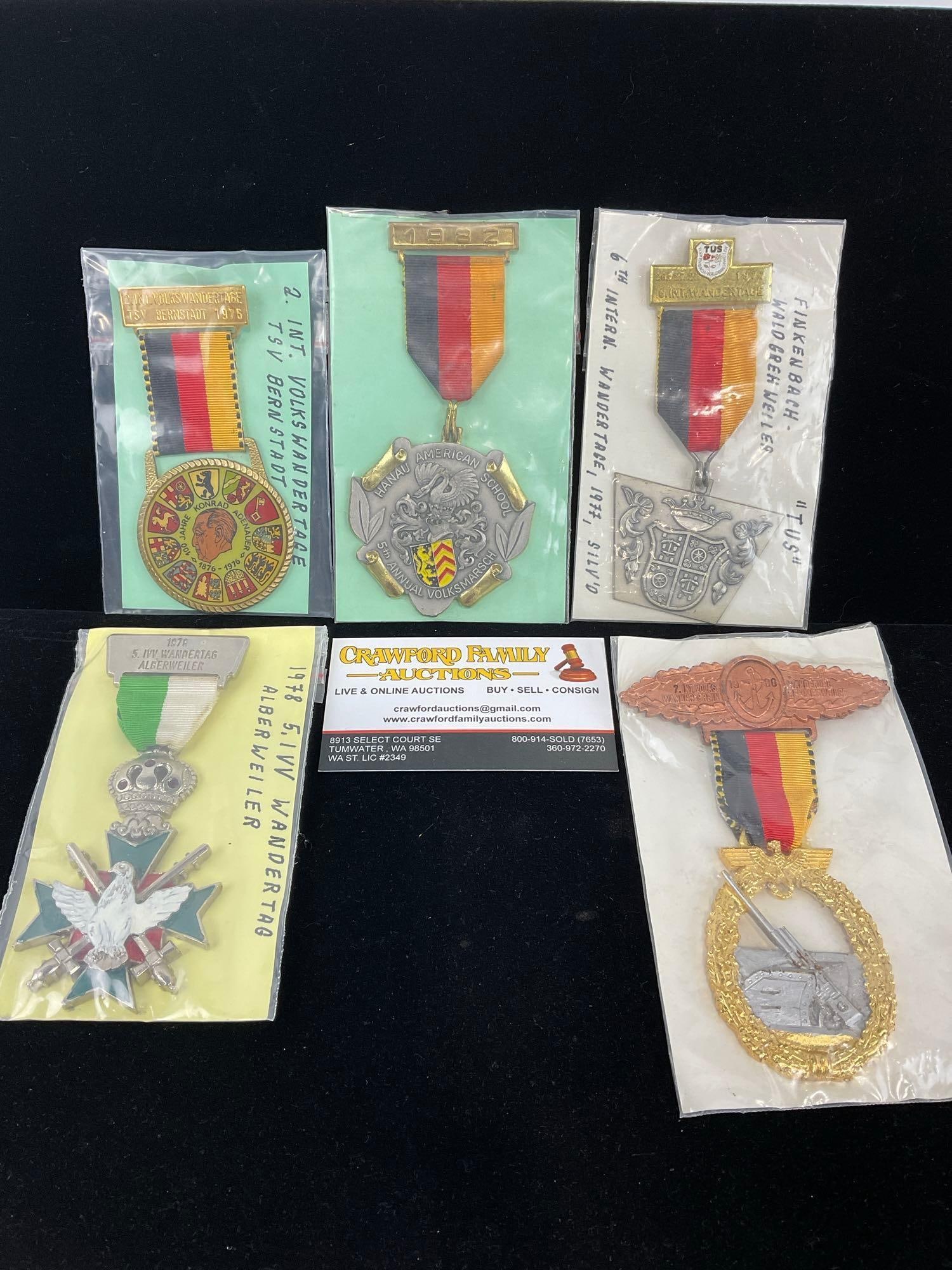 Set of 5 US German Walking Club Medals, 1970s-1980s, Ornate Medals (1 of 3)
