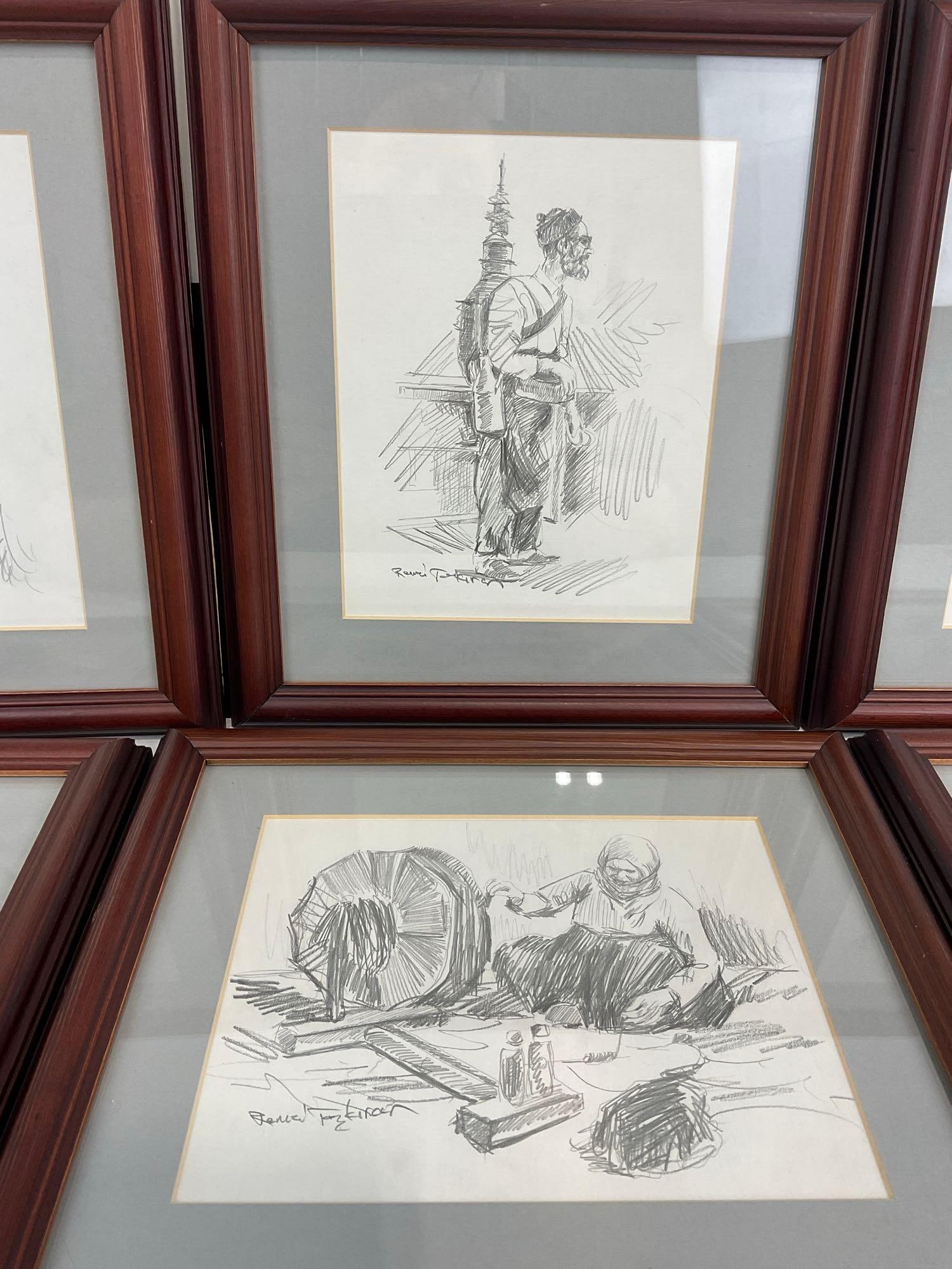 6 Framed Pencil Drawings, Several Folks Using Tools, signed by Prominent Turkish Artist, Remzi Task - 3