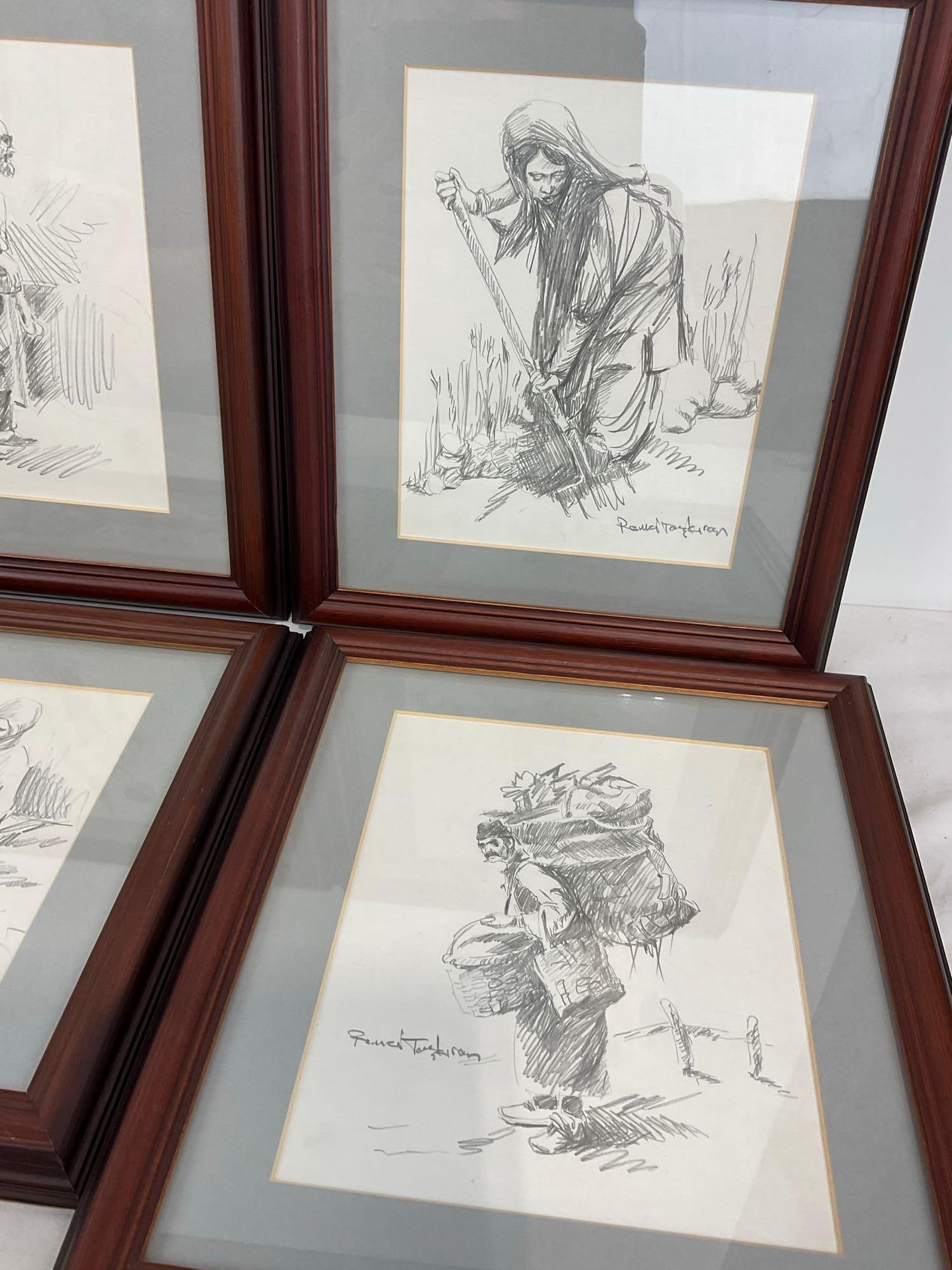 6 Framed Pencil Drawings, Several Folks Using Tools, signed by Prominent Turkish Artist, Remzi Task - 4