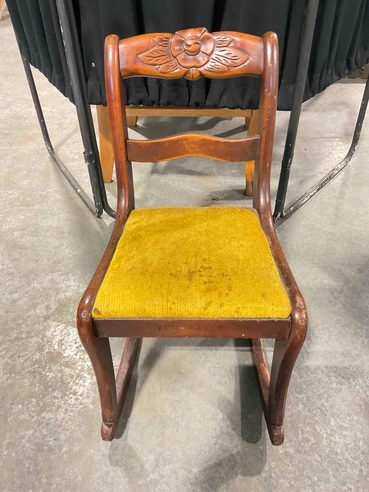 Charming Vintage 1940s Carved Mahogany Child's Rocking Chair w/ Yellow Seat. Very Good Cond.: Charming Vintage 1940s Carved Mahogany Child's Rocking Chair w/ Yellow Seat. Very Good Condition. Provenance on bottom, lovely little history. Cushion is stained, could be cleaned, condition is