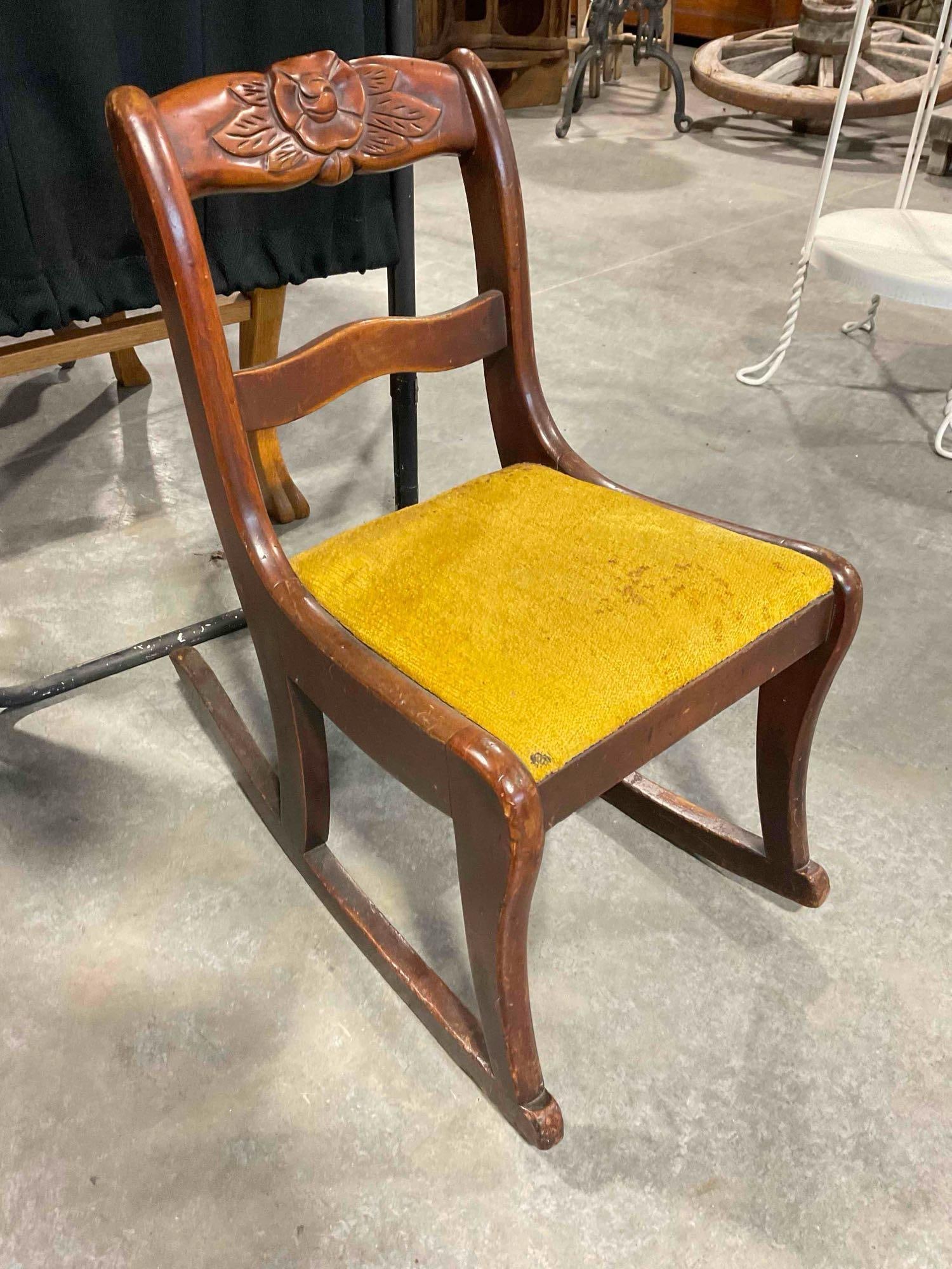 Charming Vintage 1940s Carved Mahogany Child's Rocking Chair w/ Yellow Seat. Very Good Cond. - 2