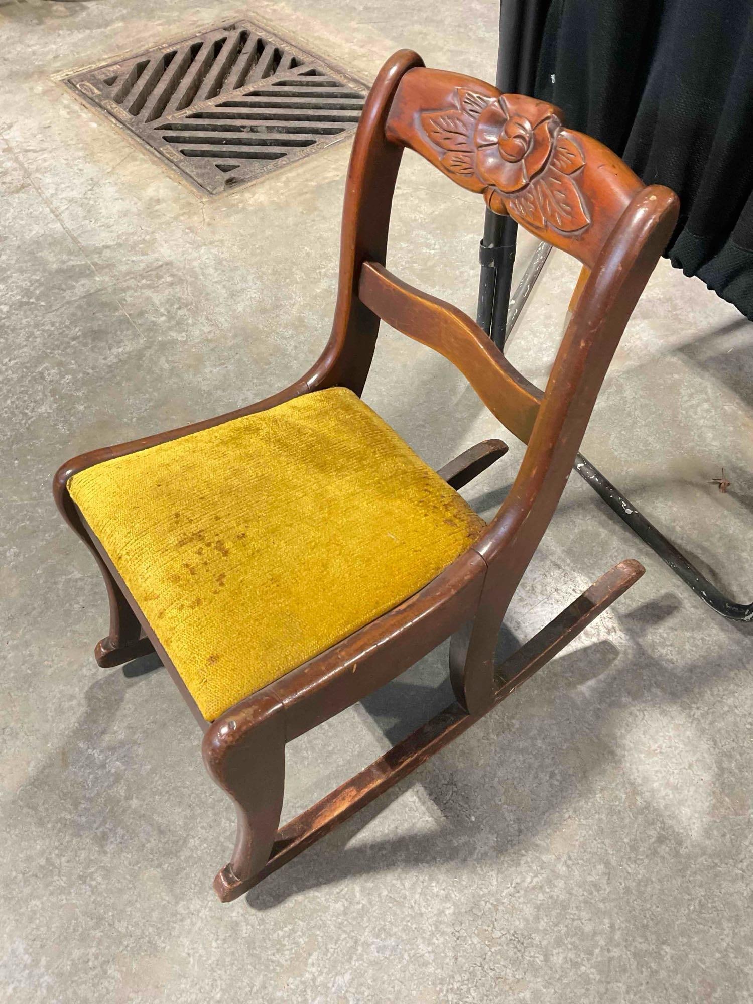 Charming Vintage 1940s Carved Mahogany Child's Rocking Chair w/ Yellow Seat. Very Good Cond. - 3