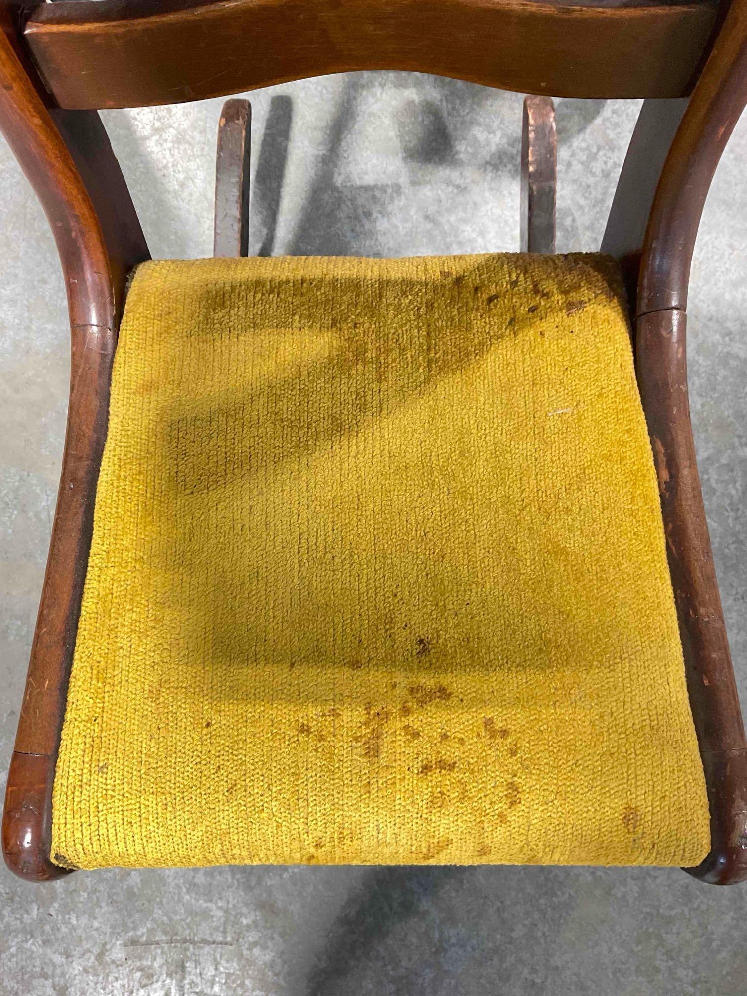 Charming Vintage 1940s Carved Mahogany Child's Rocking Chair w/ Yellow Seat. Very Good Cond. - 4