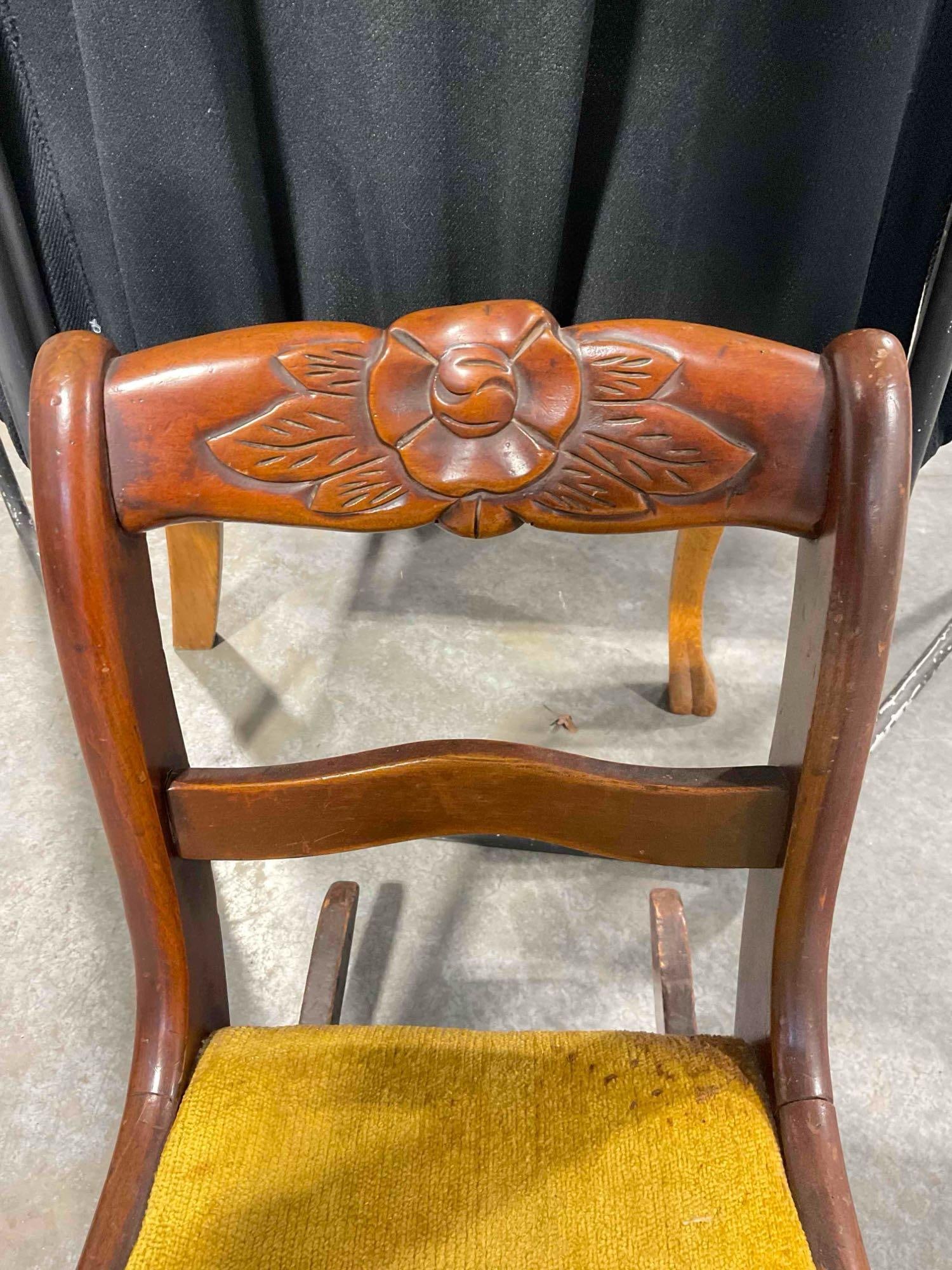 Charming Vintage 1940s Carved Mahogany Child's Rocking Chair w/ Yellow Seat. Very Good Cond. - 5