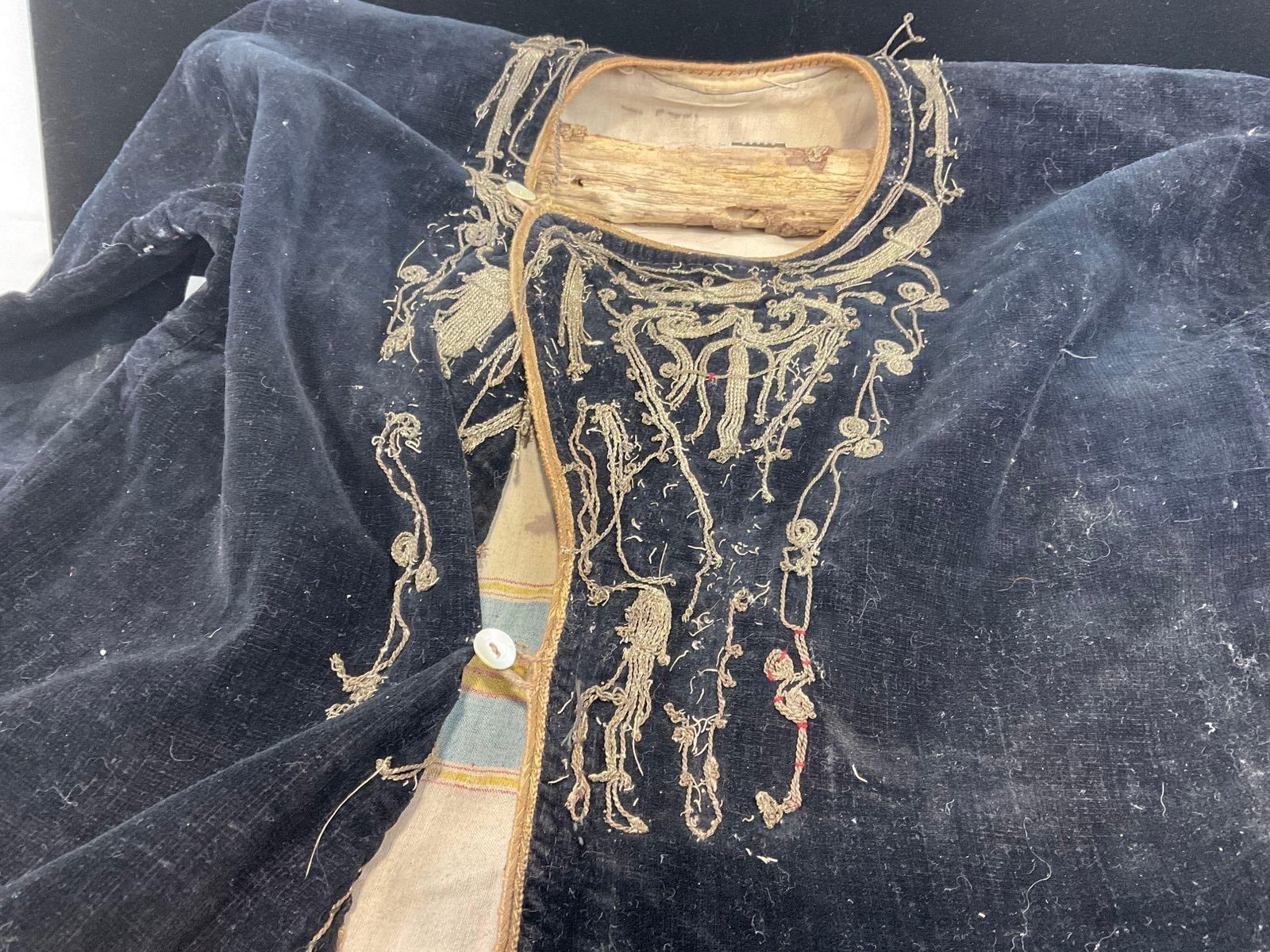 Antique Childs Jacket, Velvet Cloth, Embroidered & Pair of Shoes, Dark Black w/ Gold Details - 2