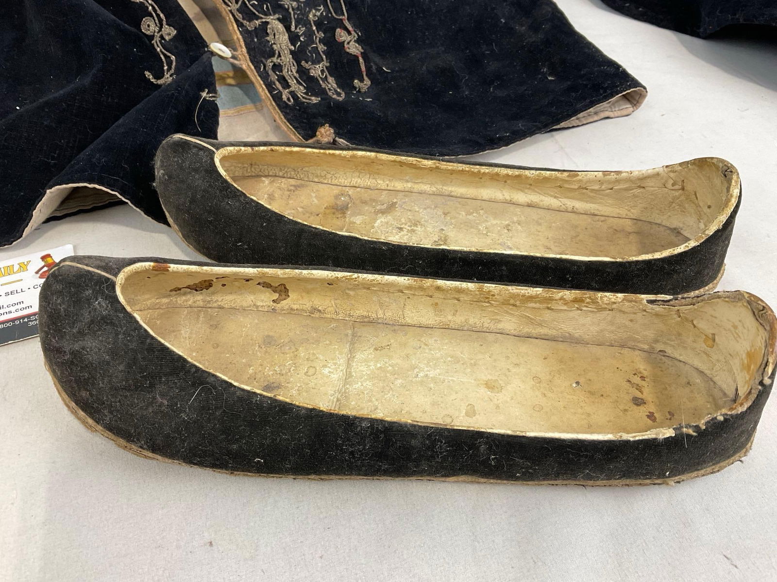Antique Childs Jacket, Velvet Cloth, Embroidered & Pair of Shoes, Dark Black w/ Gold Details - 3