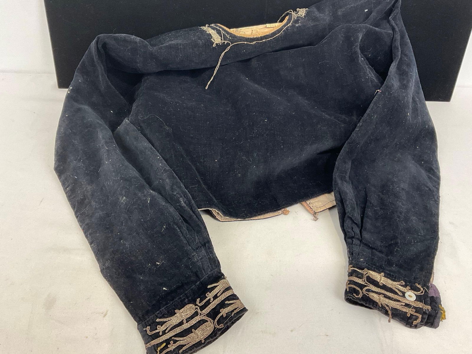 Antique Childs Jacket, Velvet Cloth, Embroidered & Pair of Shoes, Dark Black w/ Gold Details - 5
