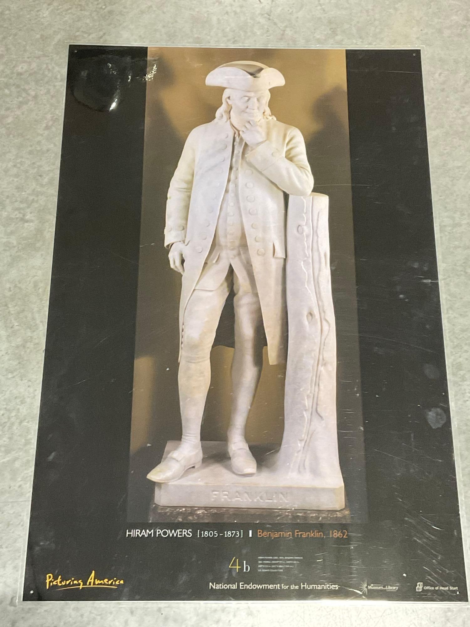 Laminated Poster, double sided, Hiram Powers Statue of Ben F. & Emanuel Leutze Washington Crossing: Appears to be in good shape. The piece rolled up measures approx 6h x 6w x 25d inches. See pics. E-5030