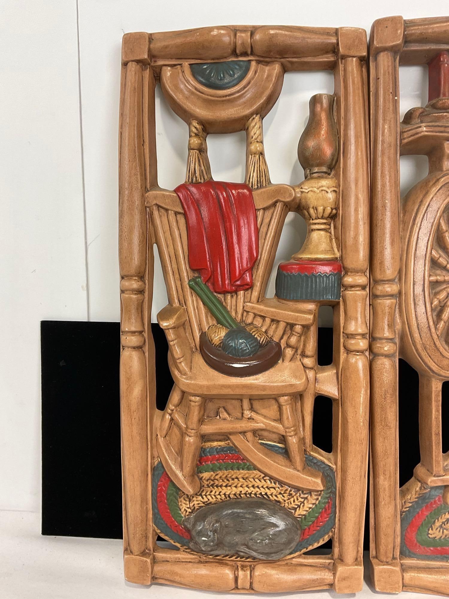 Trio of 3D Chalkware Wall Hangings, Rocking Chair, Spinning Wheel & Cast Iron Furnace, 18 x 9 inc... - 2