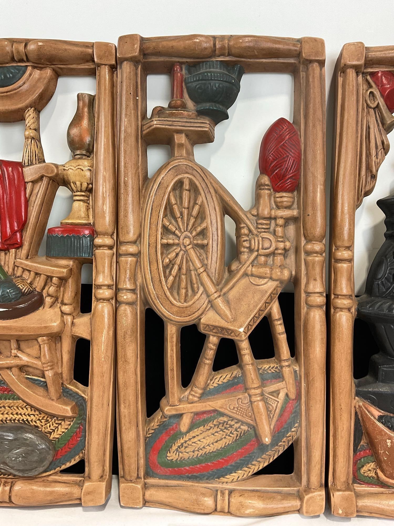 Trio of 3D Chalkware Wall Hangings, Rocking Chair, Spinning Wheel & Cast Iron Furnace, 18 x 9 inc... - 3