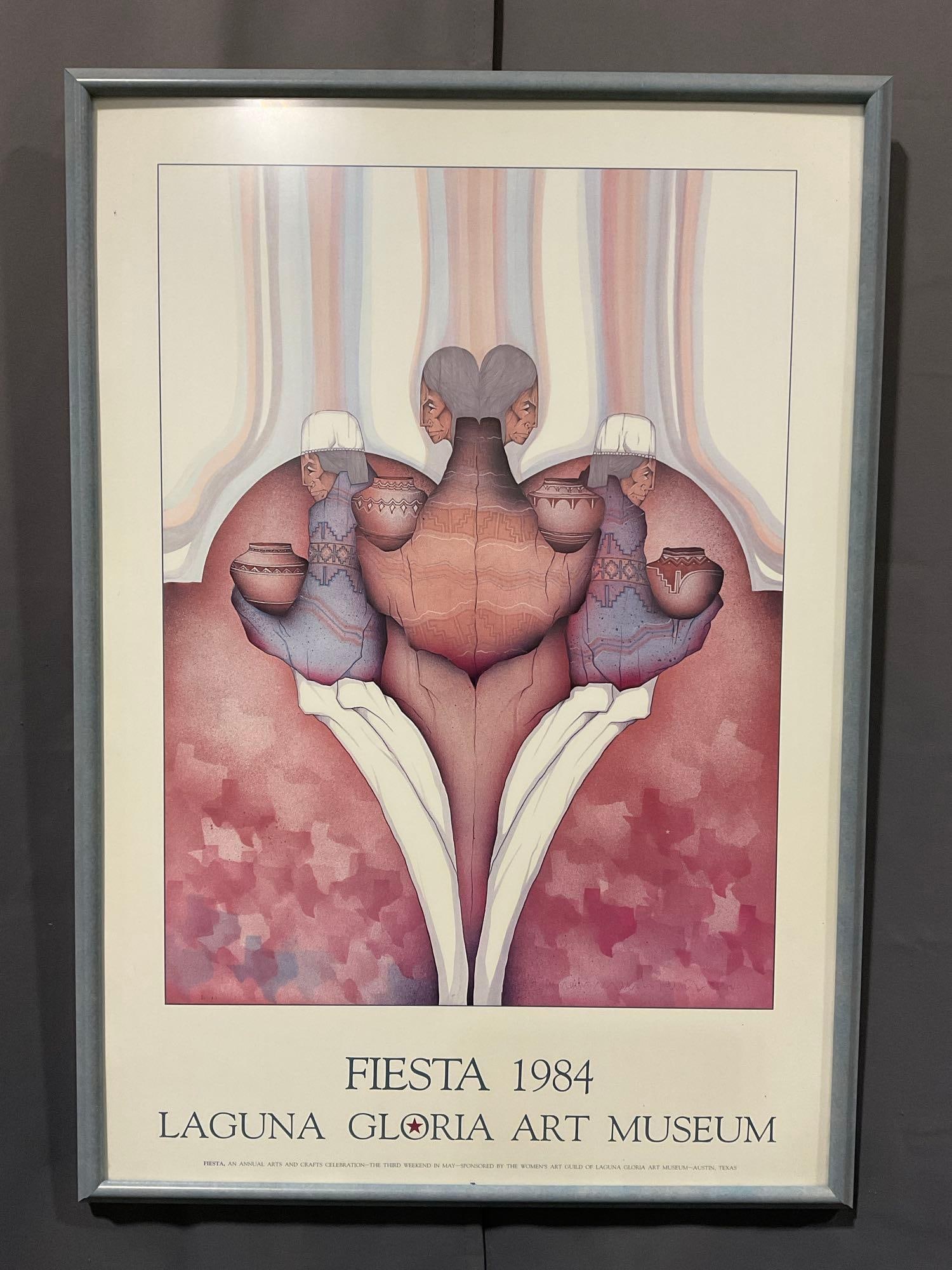 Framed Poster, Fiesta 1984 Laguna Gloria Art Museum, approx 33h x 25w x 3d inches, Austin Texas (1 of 6)