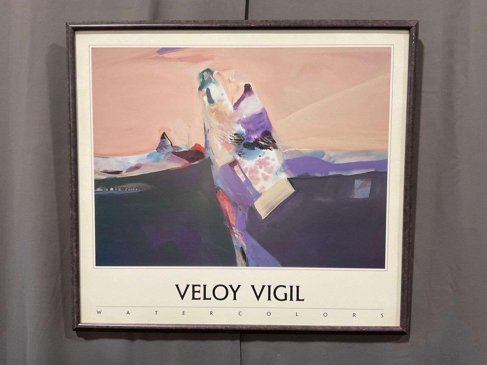 Framed Veloy Vigil Watercolors Poster, 27h x 29w inches, Abstract Expressionist Native Art: Appears to be in good shape. The piece measures approx 27h x 29w x 3d inches. See pics. E-5180 
