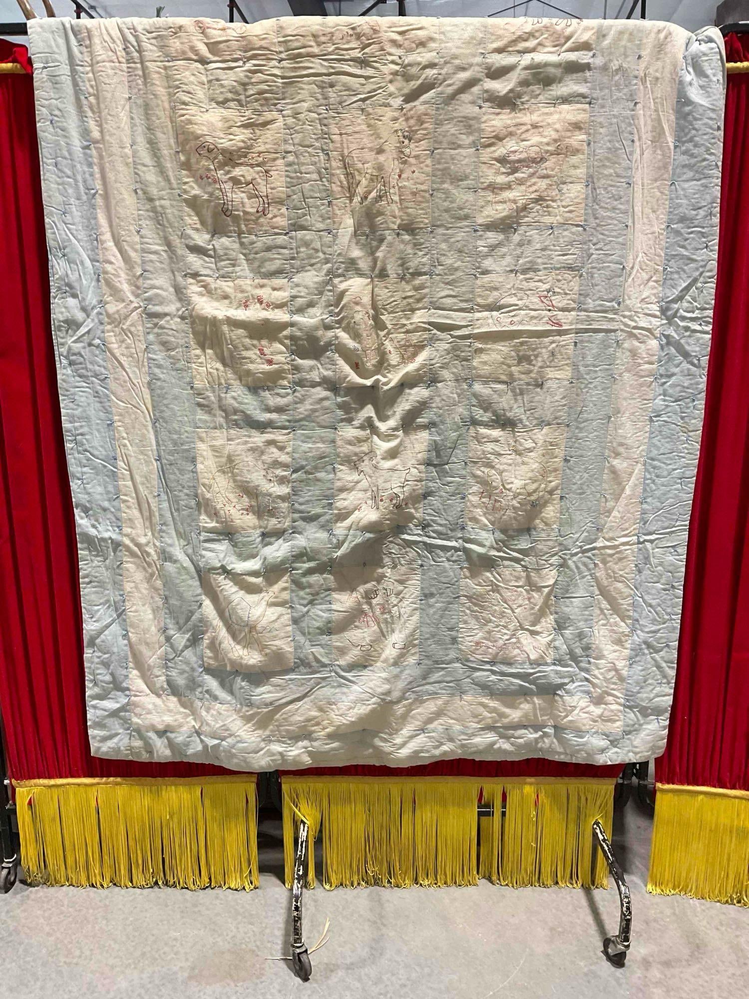 Vintage Adorable Blue & White Hand Quilted Blanket w/ Animals. Good Condition. See pics. (1 of 7)