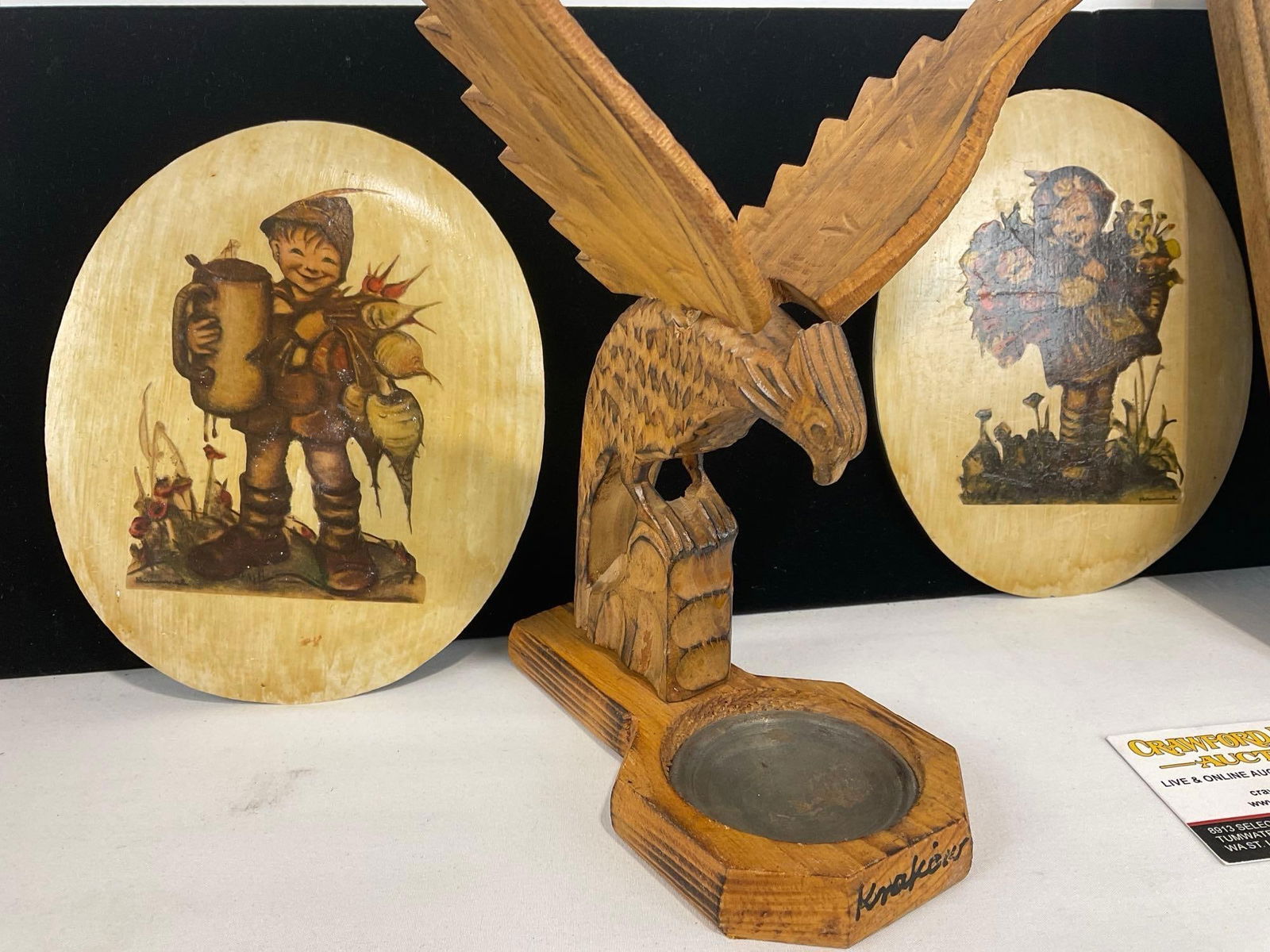 Pair of Hummel Chalkware Wall Hangings, Krakow Wooden Ashtray, Swiss Scene 3D Framed Art - 2