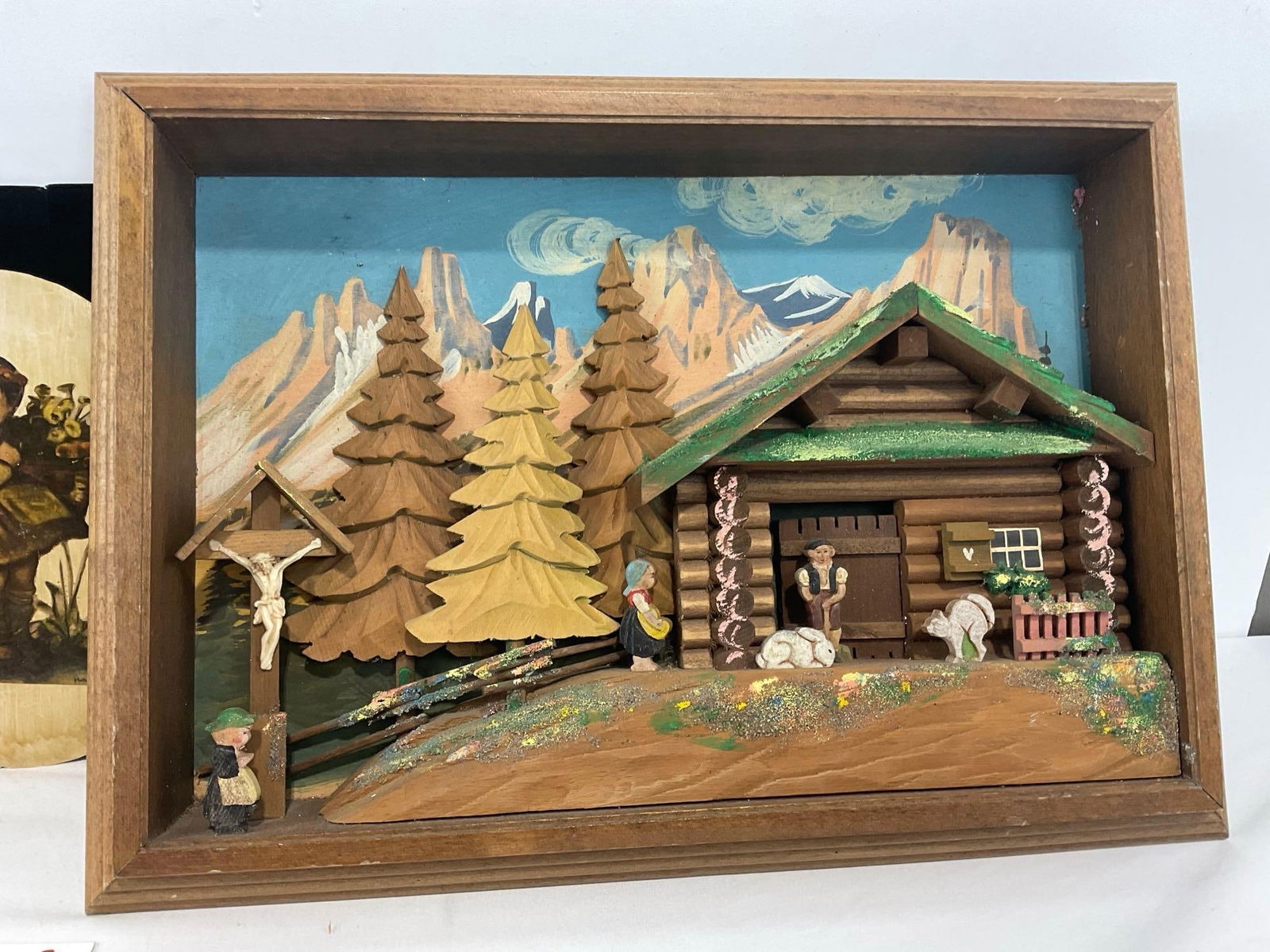 Pair of Hummel Chalkware Wall Hangings, Krakow Wooden Ashtray, Swiss Scene 3D Framed Art - 3