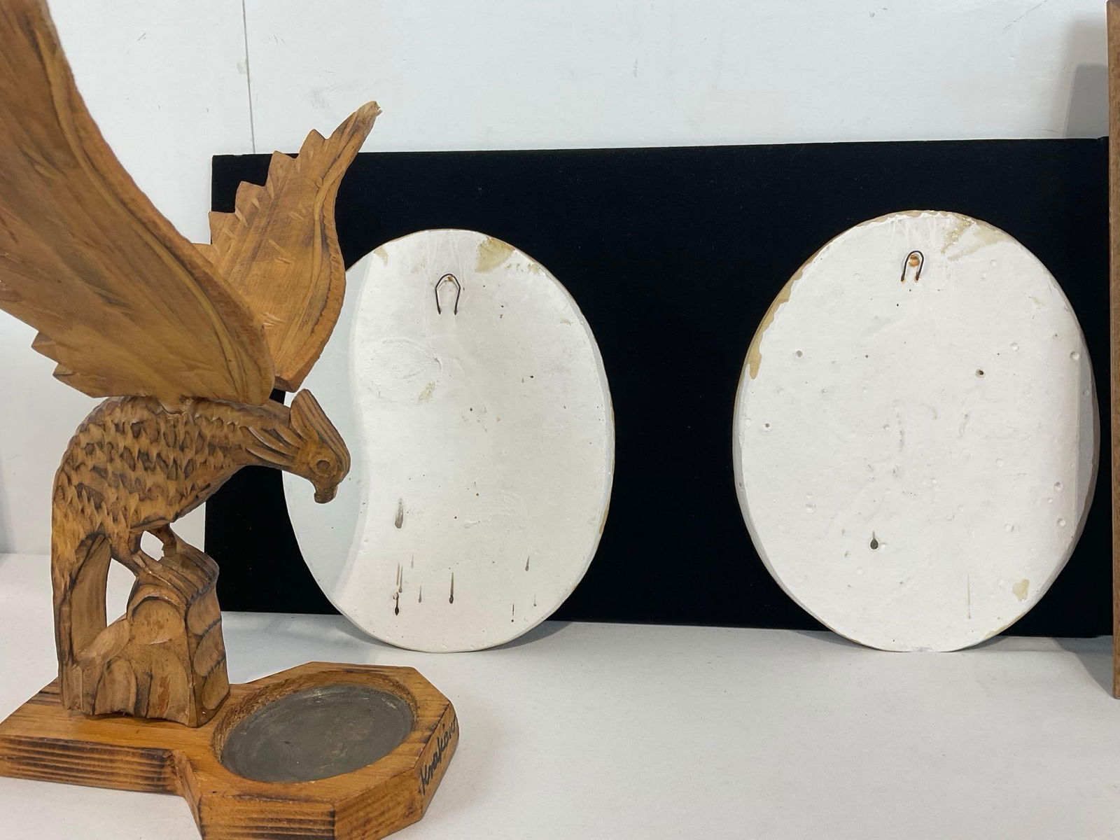 Pair of Hummel Chalkware Wall Hangings, Krakow Wooden Ashtray, Swiss Scene 3D Framed Art - 4