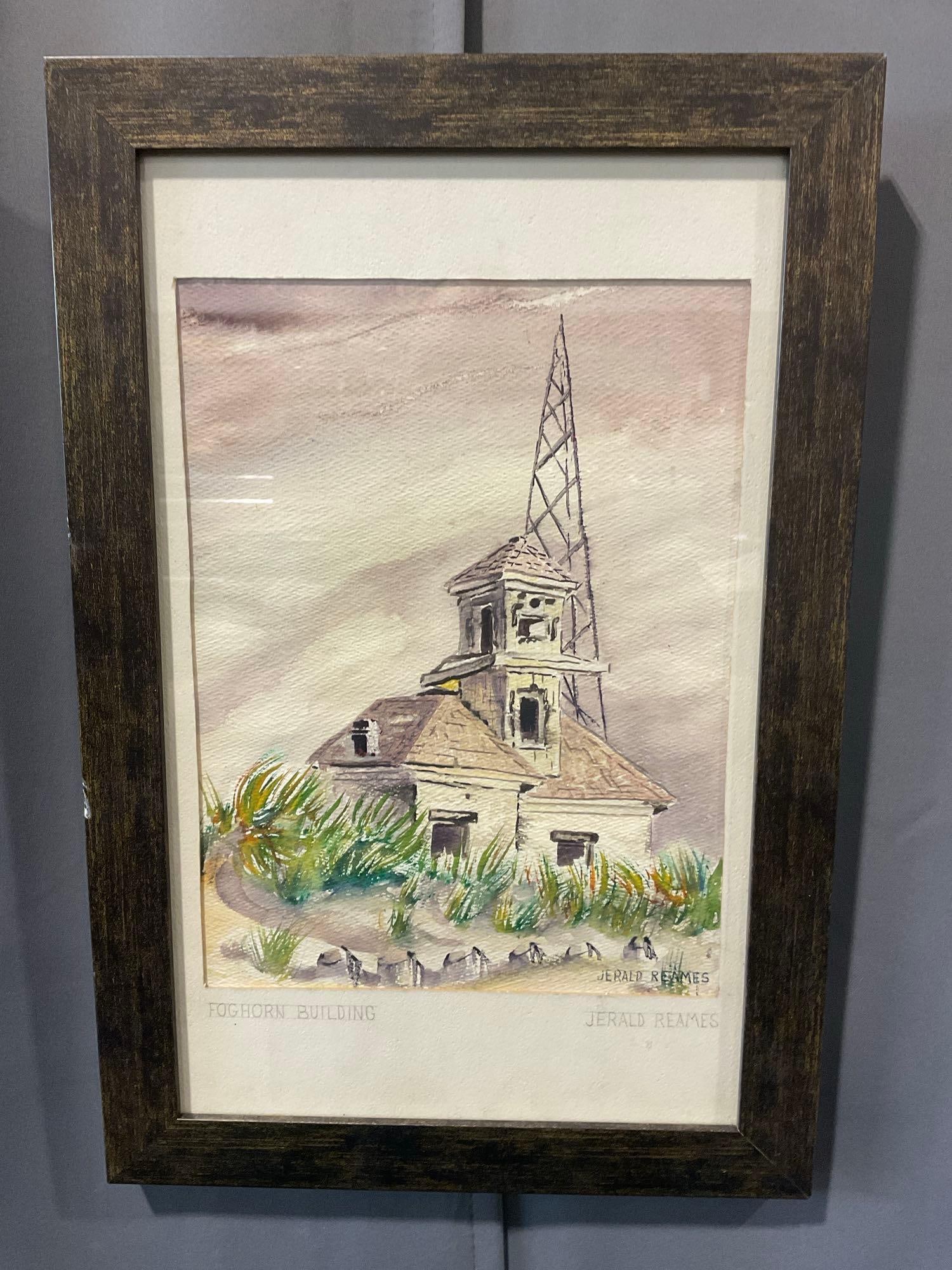 Framed Watercolor on Paper titled Foghorn Building by Jerald Reames, 19h x 13w x 2d inches (1 of 4)