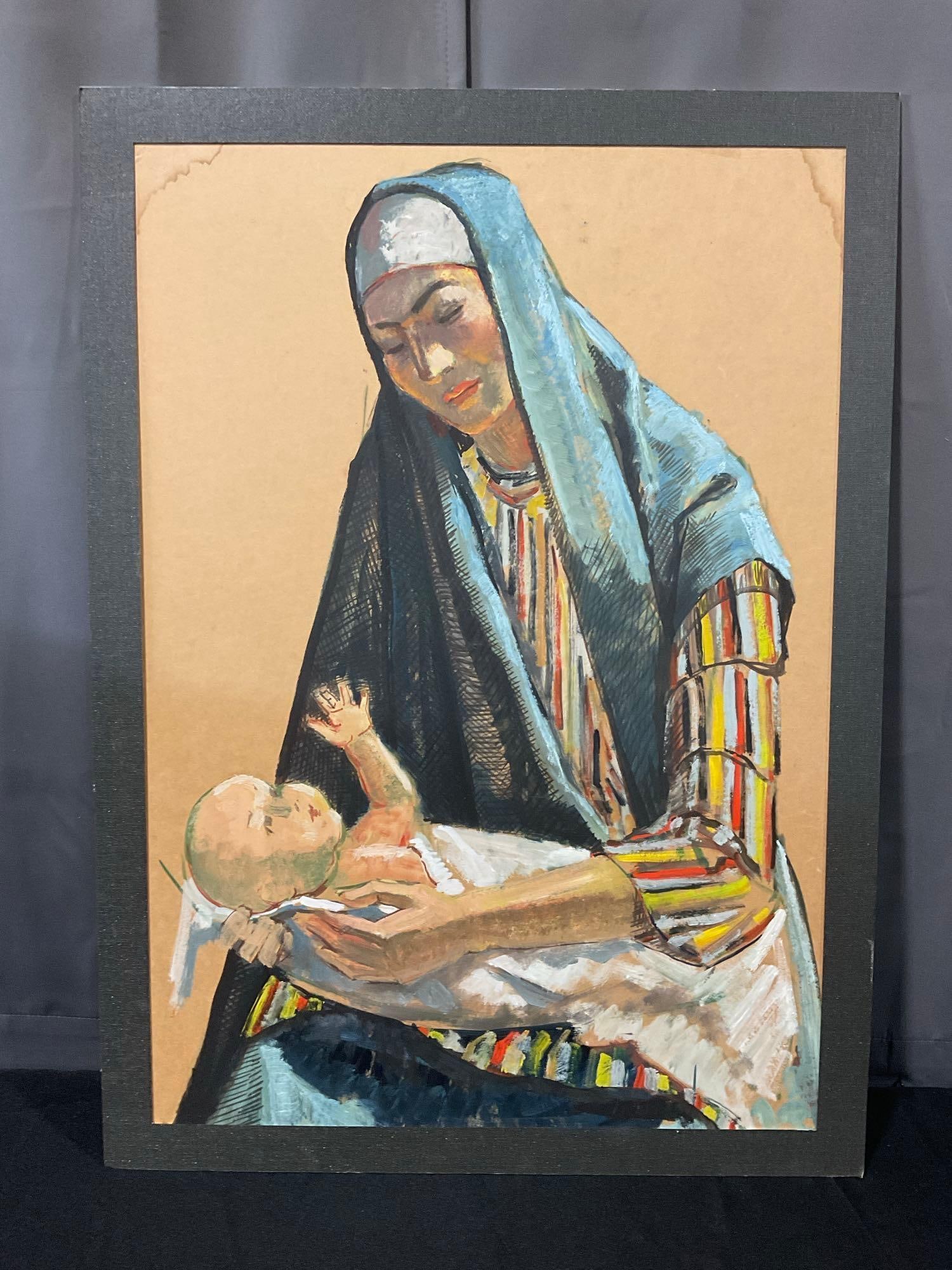 Folk Art, Pastel, Marker, Acrylic Multimedia on Paper, Madonna & Jesus, 33h x 25w x 2d inches (1 of 4)