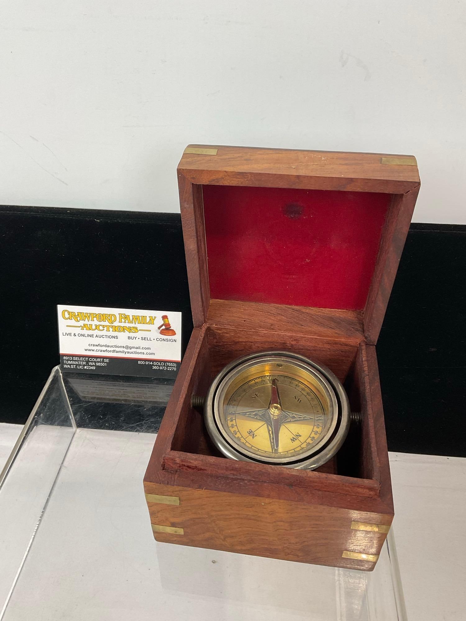 Vintage Nautical style Brass Compass w/ Gimbel in Wooden Case, 5h x 6w x 6d inches (1 of 5)