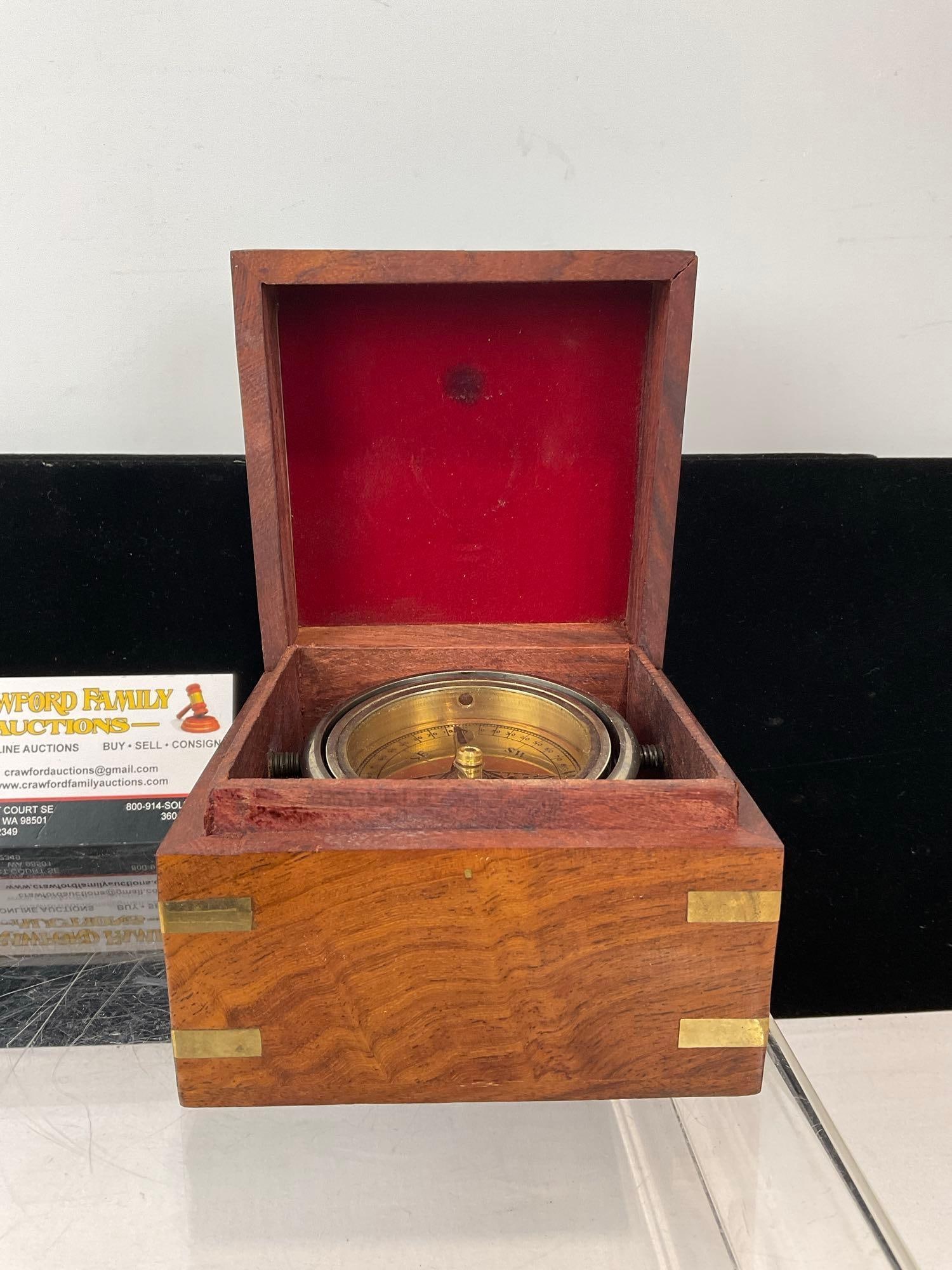 Vintage Nautical style Brass Compass w/ Gimbel in Wooden Case, 5h x 6w x 6d inches - 2