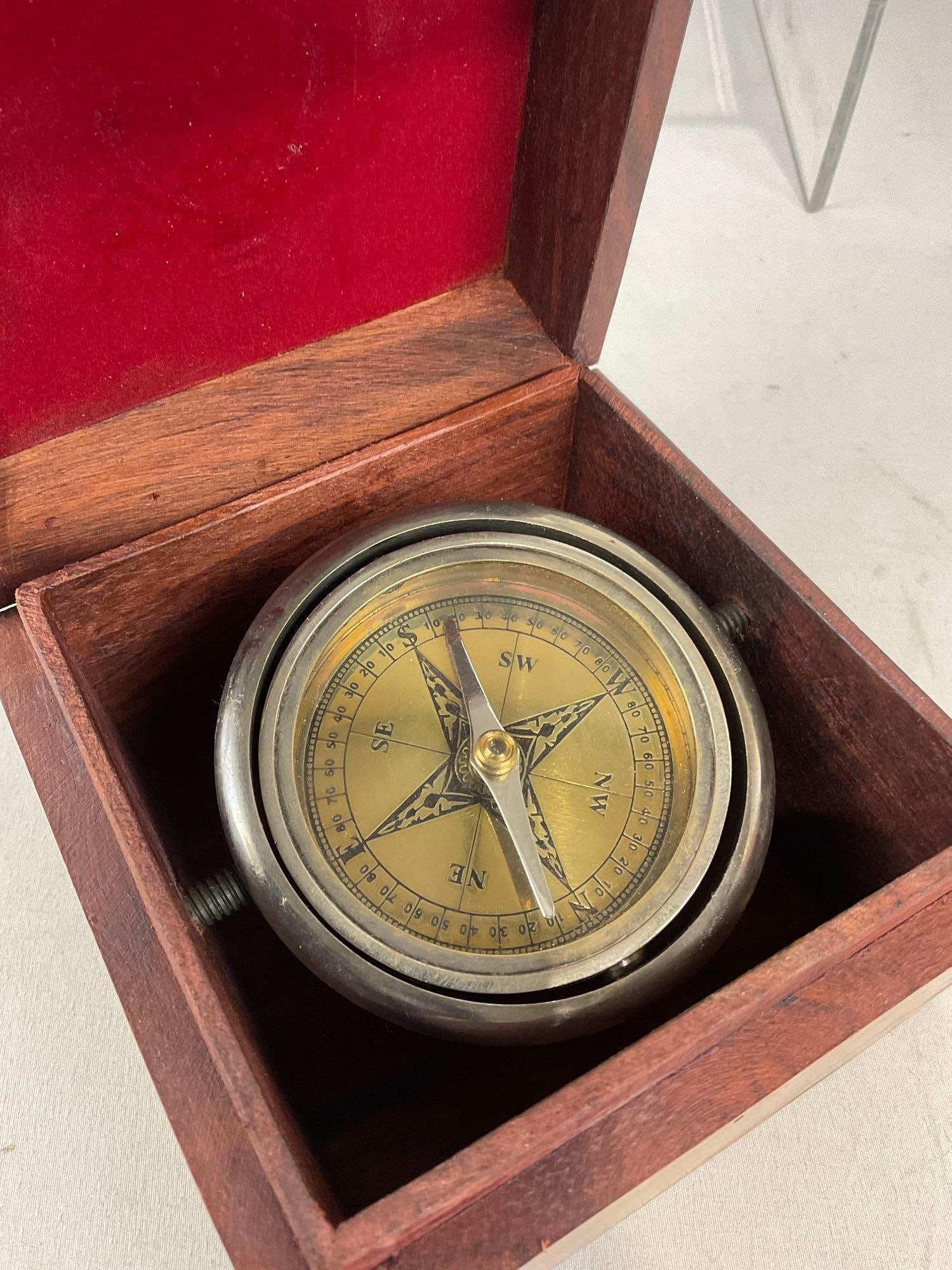 Vintage Nautical style Brass Compass w/ Gimbel in Wooden Case, 5h x 6w x 6d inches - 3