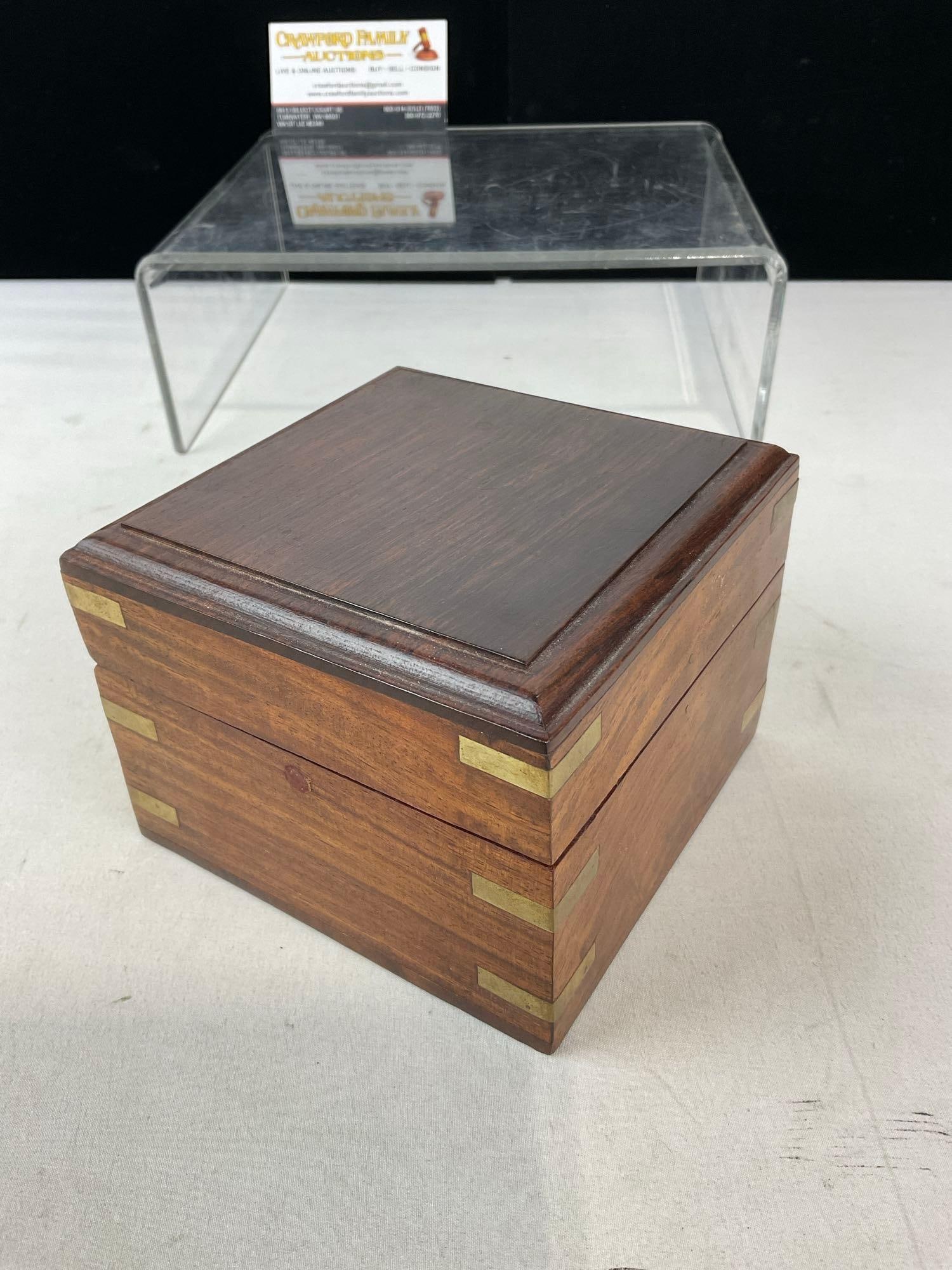 Vintage Nautical style Brass Compass w/ Gimbel in Wooden Case, 5h x 6w x 6d inches - 4