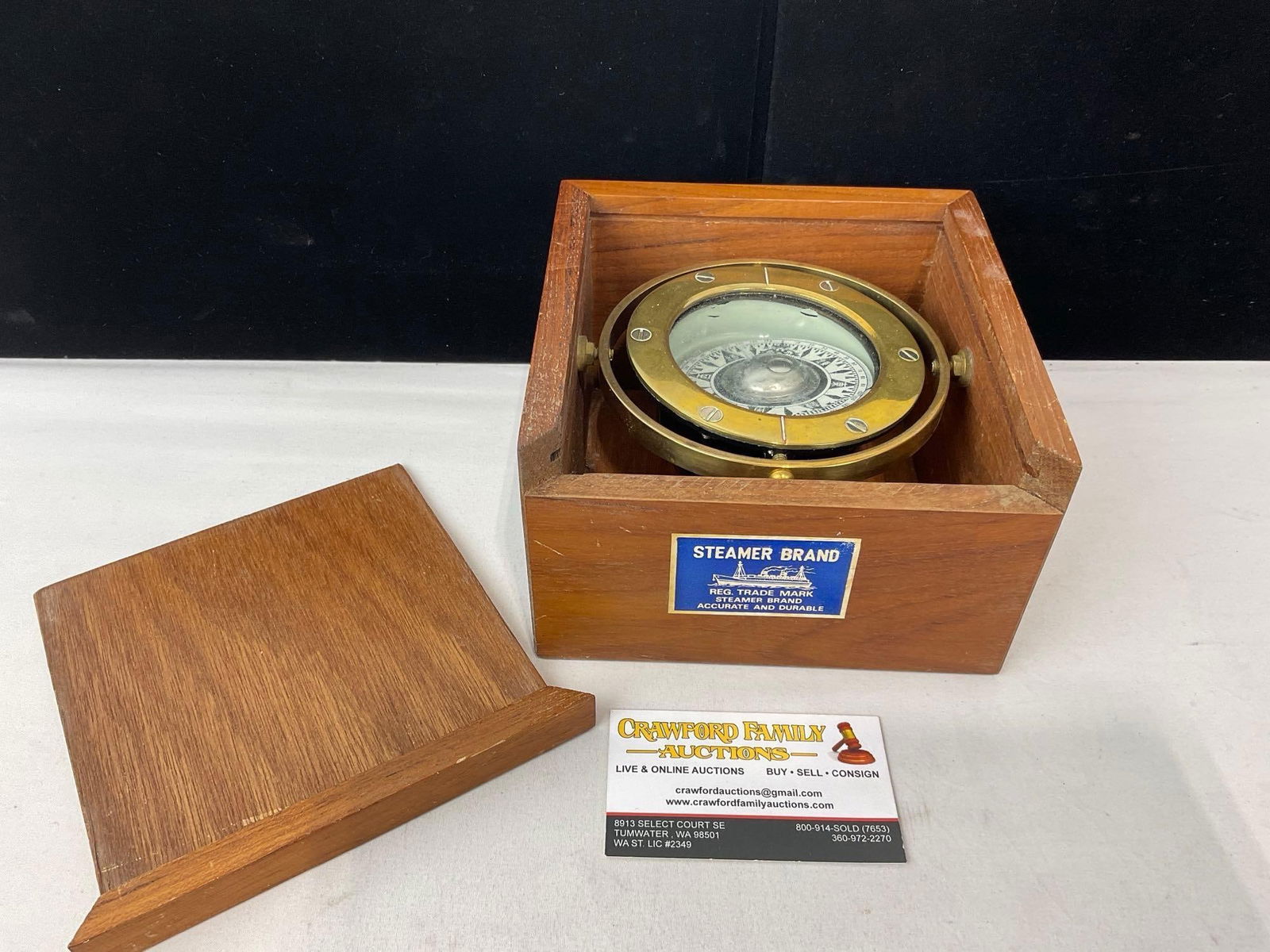Vintage Steamer Brand Ship Brass Gimbaled Nautical Compass in Wooden Box, 5h x 7w x 7d inches (1 of 4)