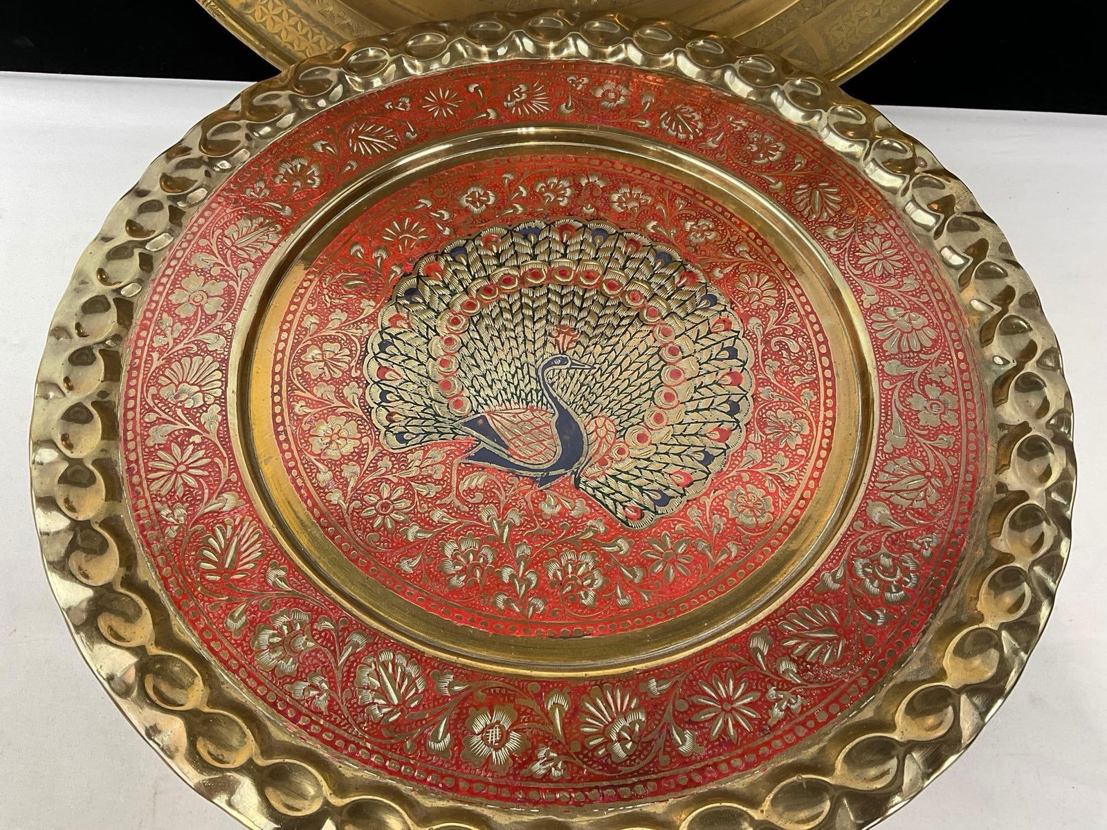 Pair of Brass Trays, Indian tray w/ Peacock Motif & Red Enamel, & Chinese Engraved Brass, 19x19x2... - 2