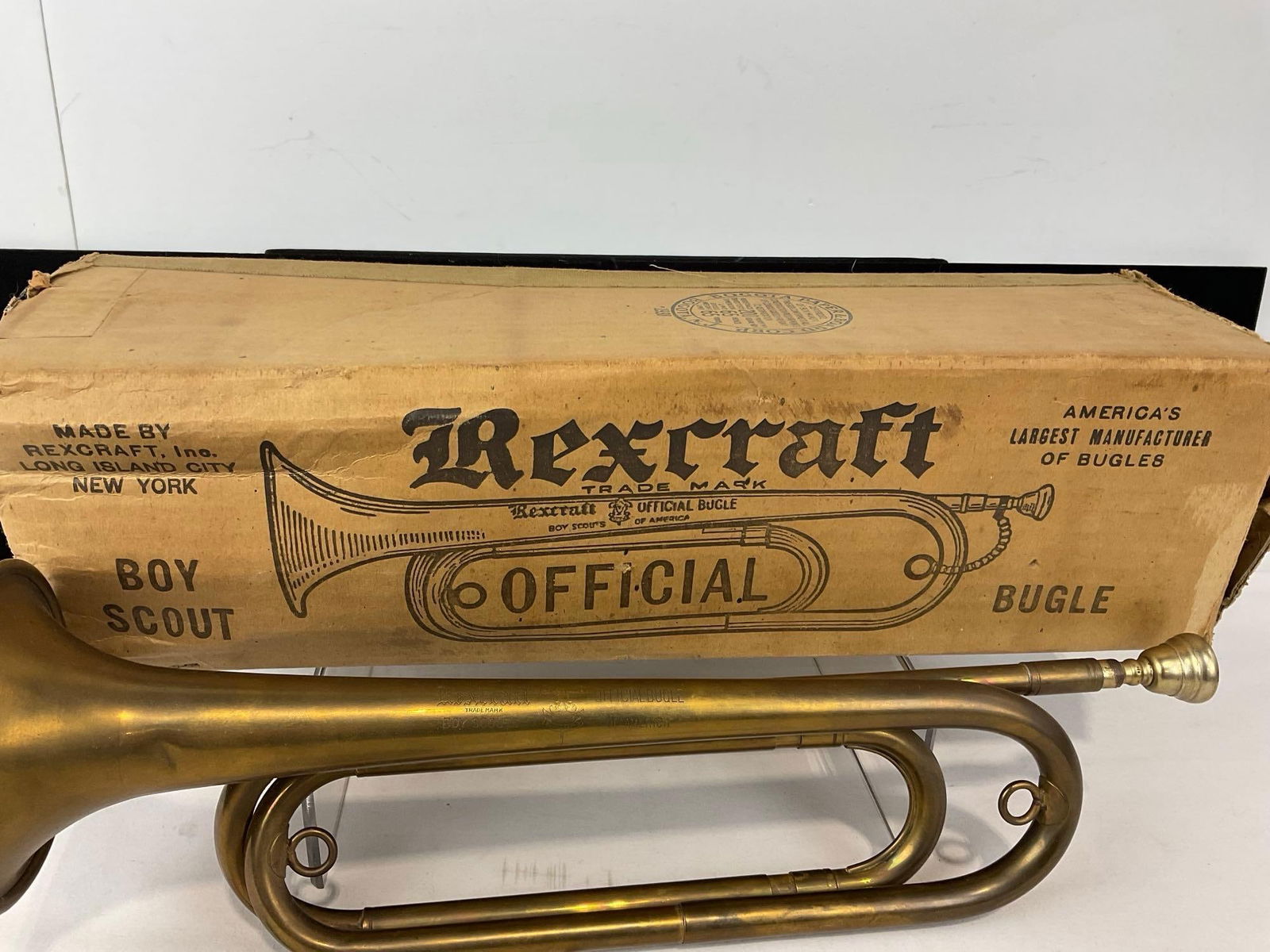 Vintage 1938 Rexcraft Official Boy Scout Bugle, in original box, 6h x 19w x 6d inches - 2