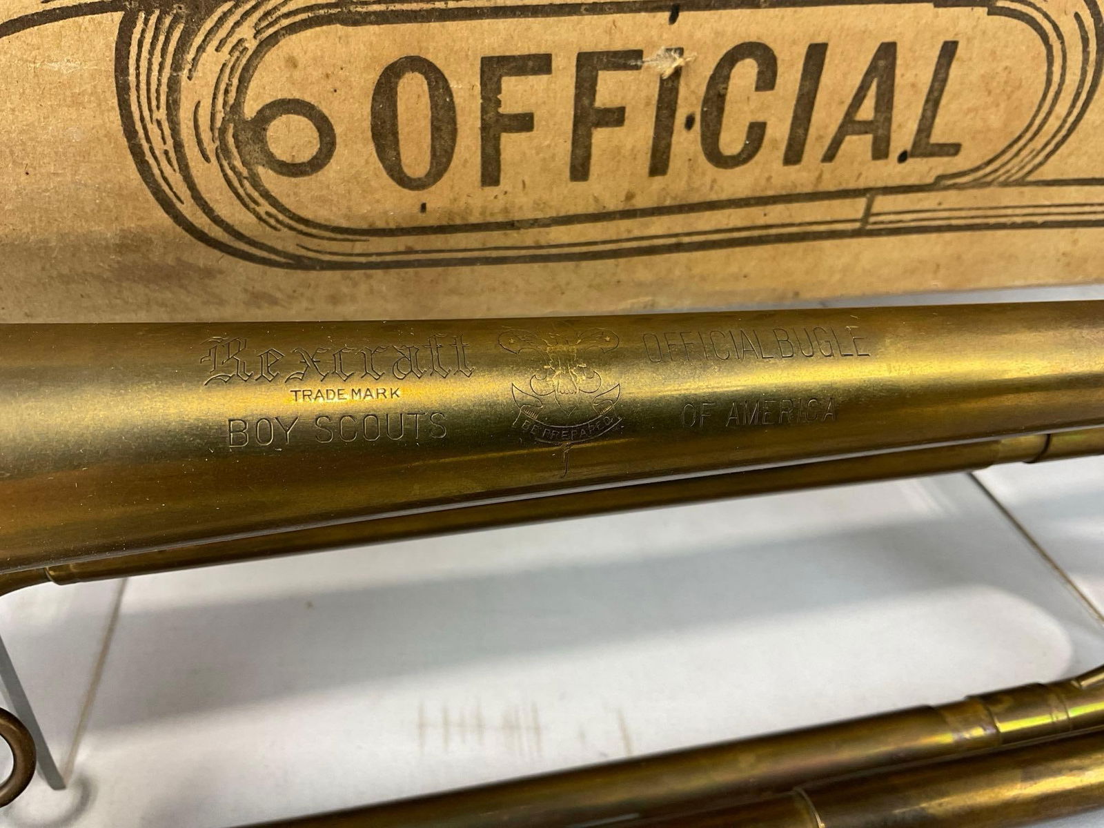 Vintage 1938 Rexcraft Official Boy Scout Bugle, in original box, 6h x 19w x 6d inches - 3