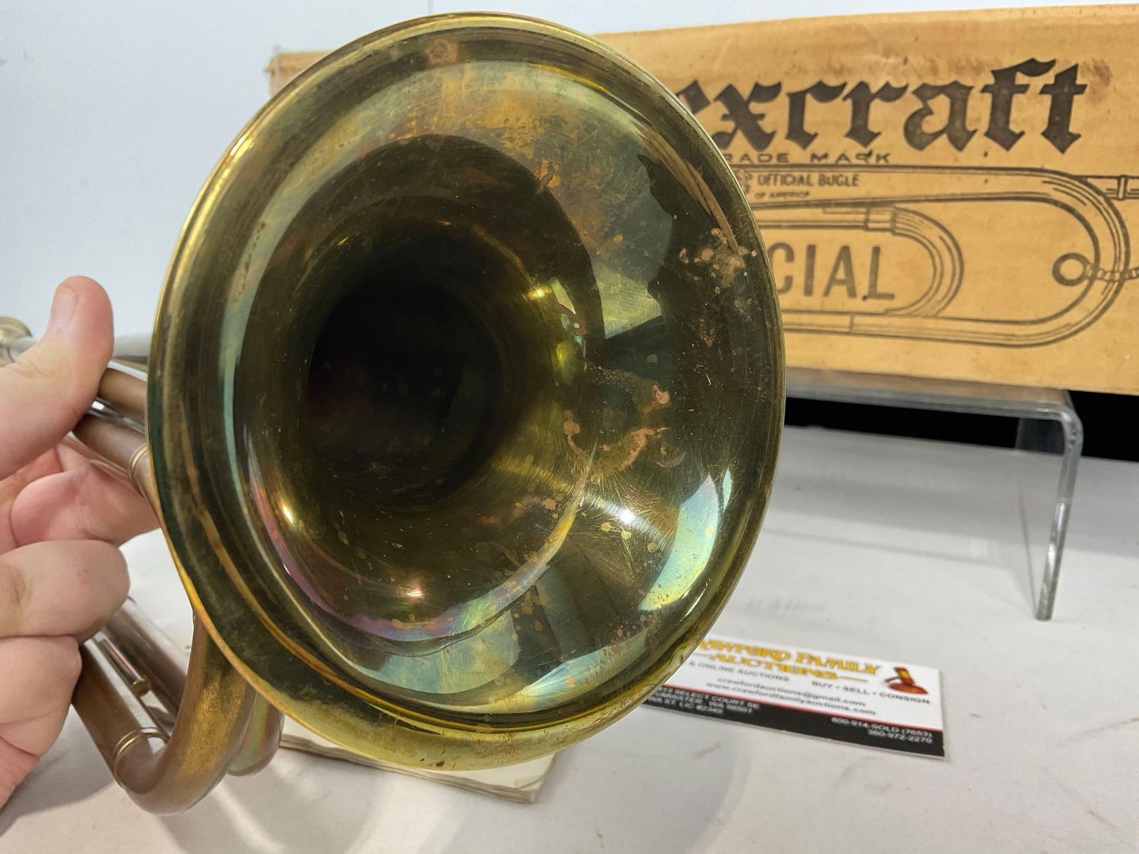 Vintage 1938 Rexcraft Official Boy Scout Bugle, in original box, 6h x 19w x 6d inches - 5