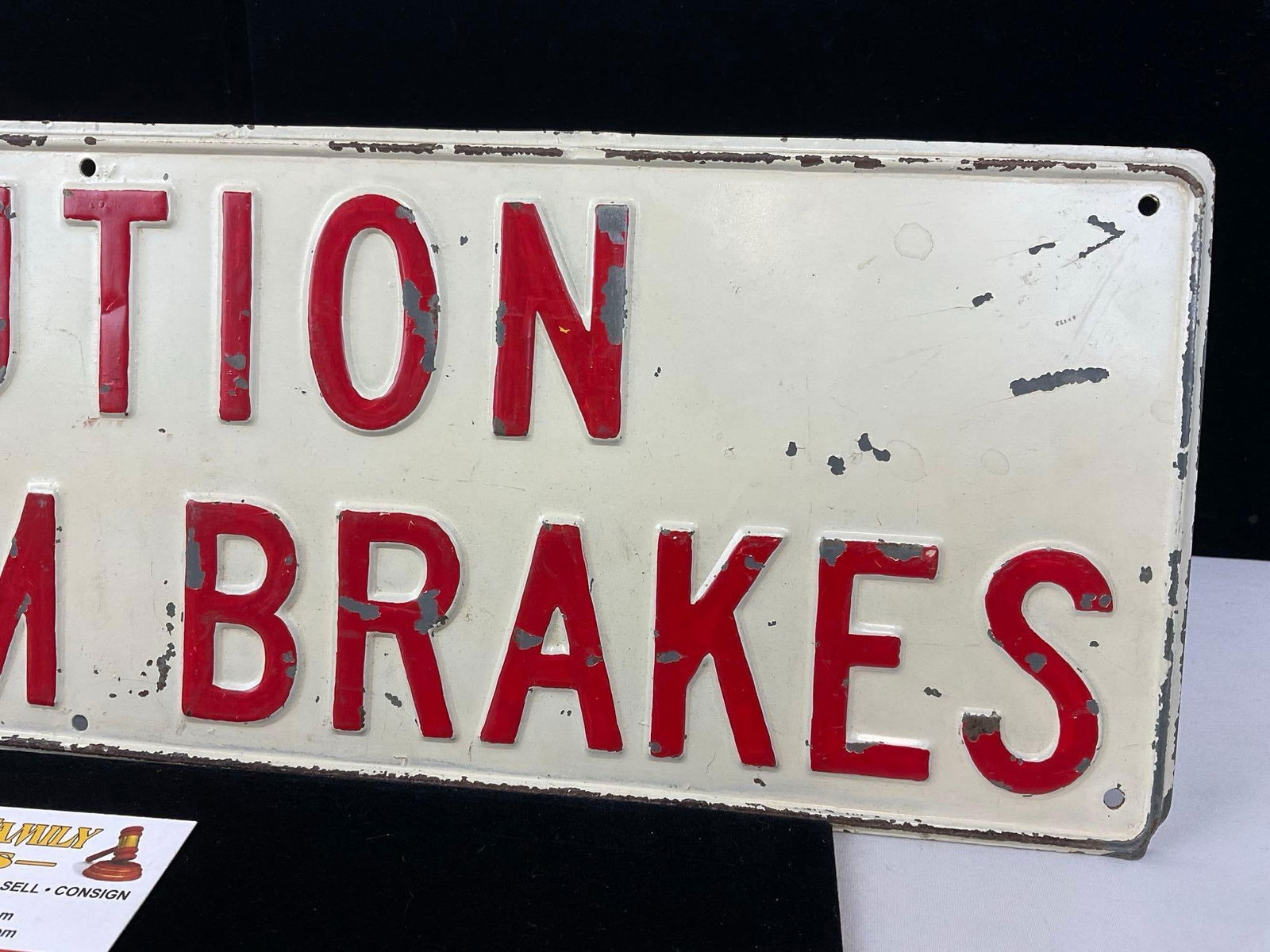 Caution Vacuum Brakes Metal Sign, Red Lettering on White Background, 7h x 20w inches - 3