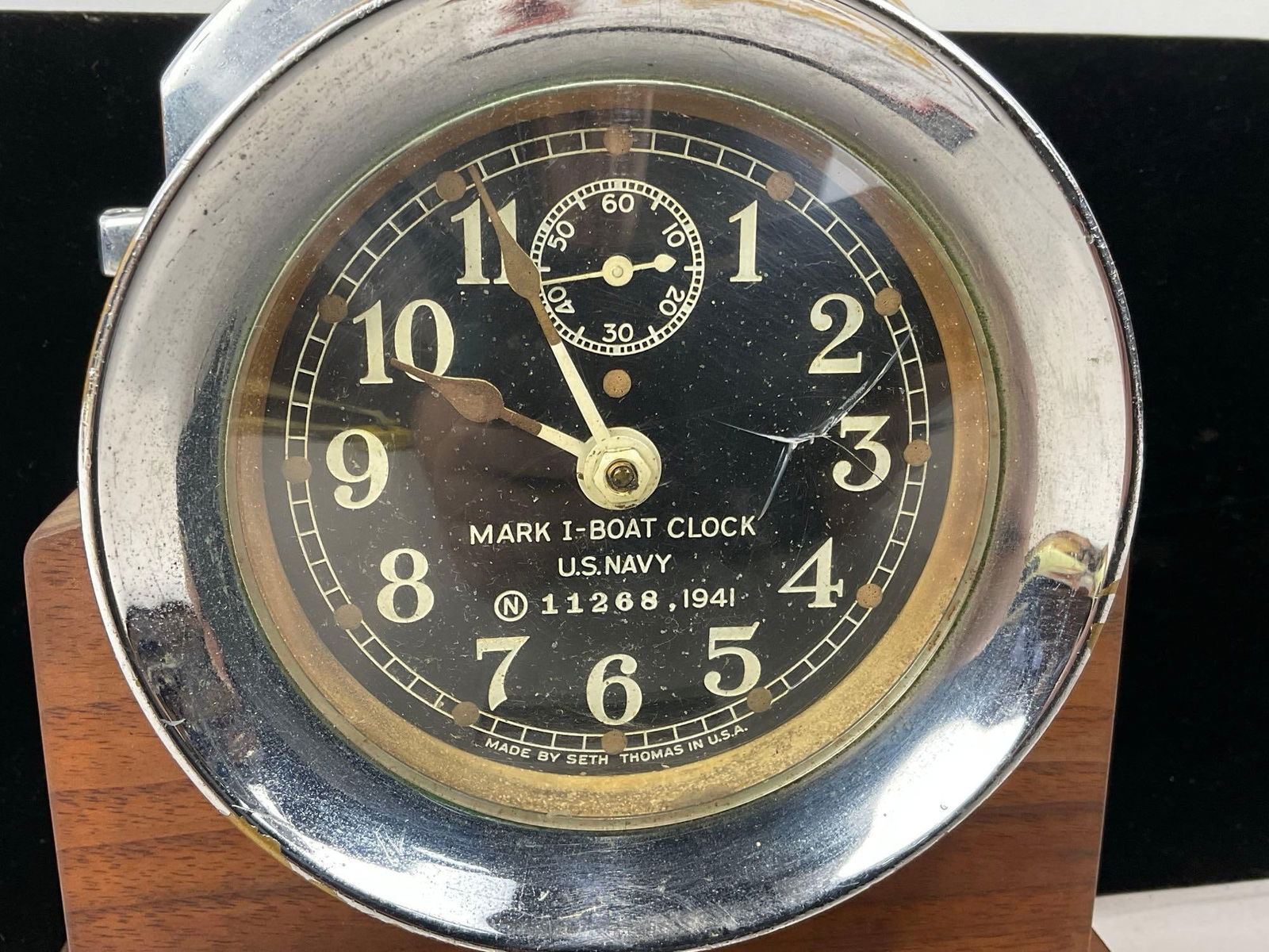 Vintage 1941 WW2 Era Seth Thomas US Navy Mark I Boat Clock on Wooden Stand, 9h x 9w x 6d inches - 2