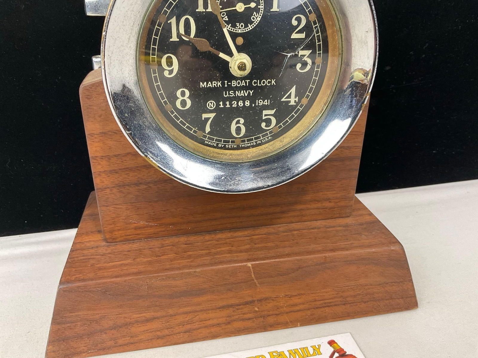 Vintage 1941 WW2 Era Seth Thomas US Navy Mark I Boat Clock on Wooden Stand, 9h x 9w x 6d inches - 3