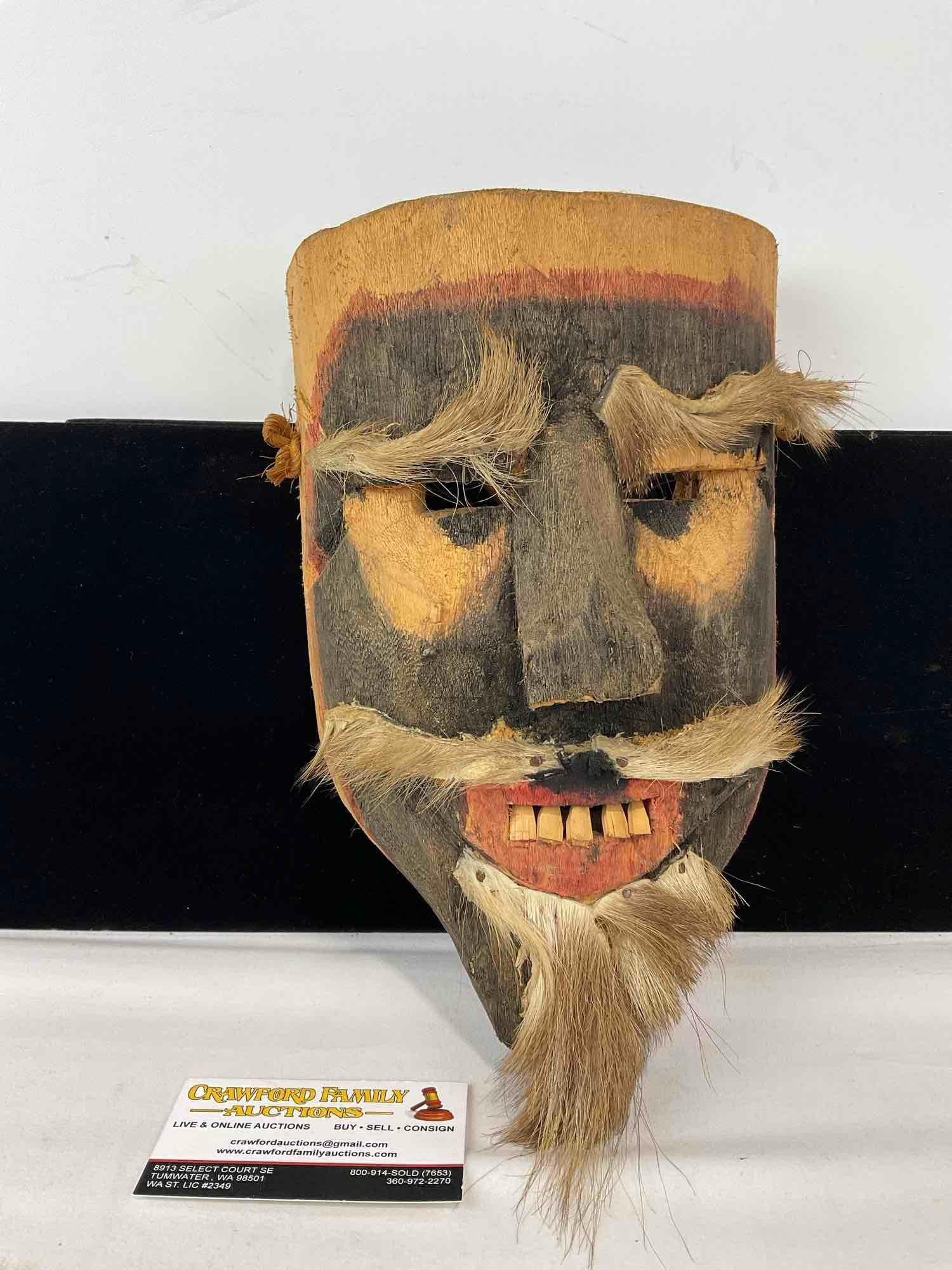 Early 20th Century Mexican Dance Mask, Black/Red & natural Wood, w/ Fur details, 11h x 8w x 5d inch (1 of 4)