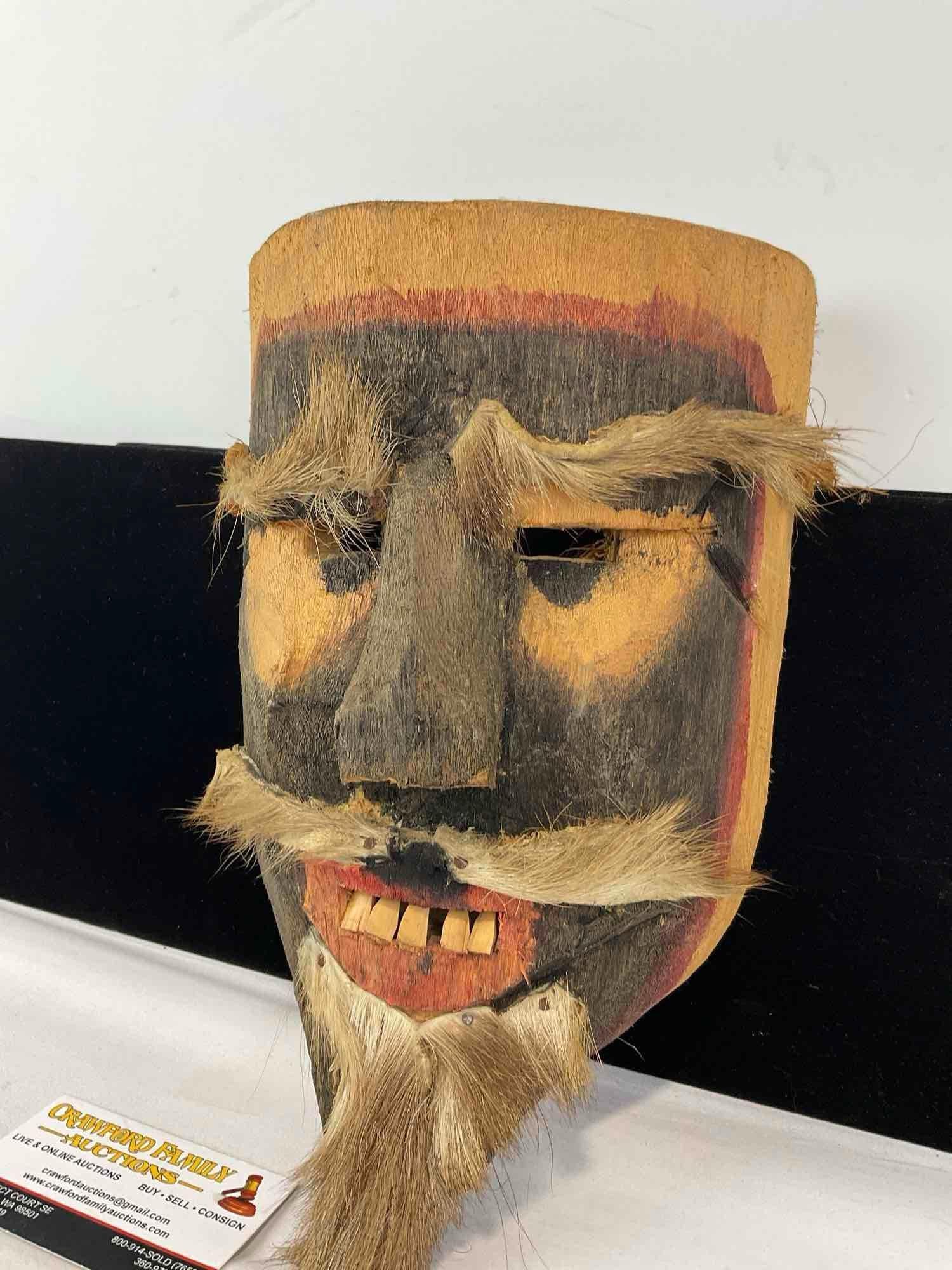 Early 20th Century Mexican Dance Mask, Black/Red & natural Wood, w/ Fur details, 11h x 8w x 5d inch - 2