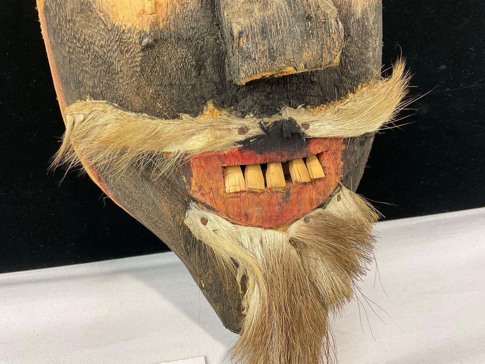 Early 20th Century Mexican Dance Mask, Black/Red & natural Wood, w/ Fur details, 11h x 8w x 5d inch - 3