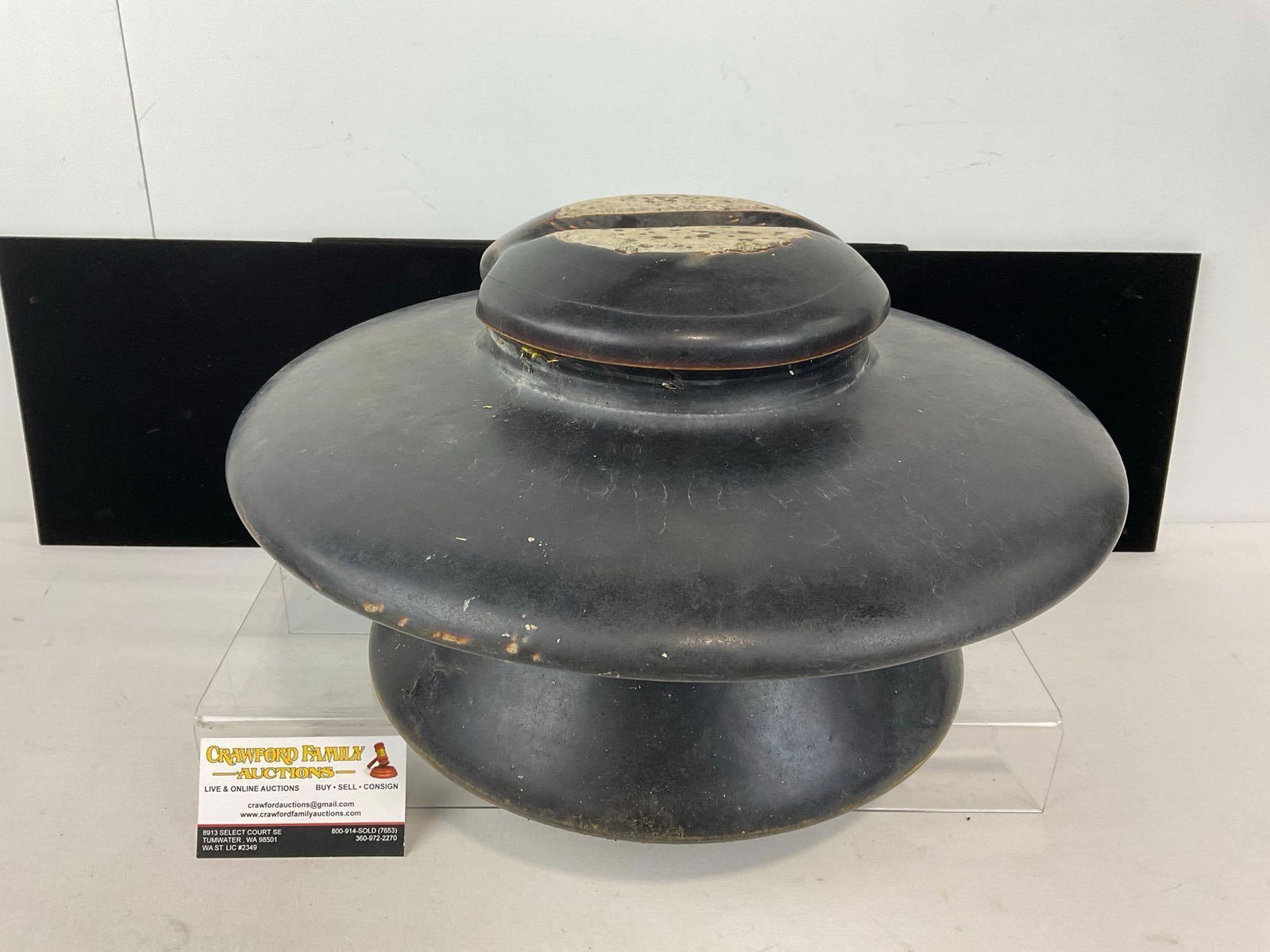 Giant Ceramic Insulator, approx 9h x 15w x 15d inches, Dark Brown Glazed: Appears to be in good shape. The piece measures approx 9h x 15w x 15d inches. See pics. E-5360 