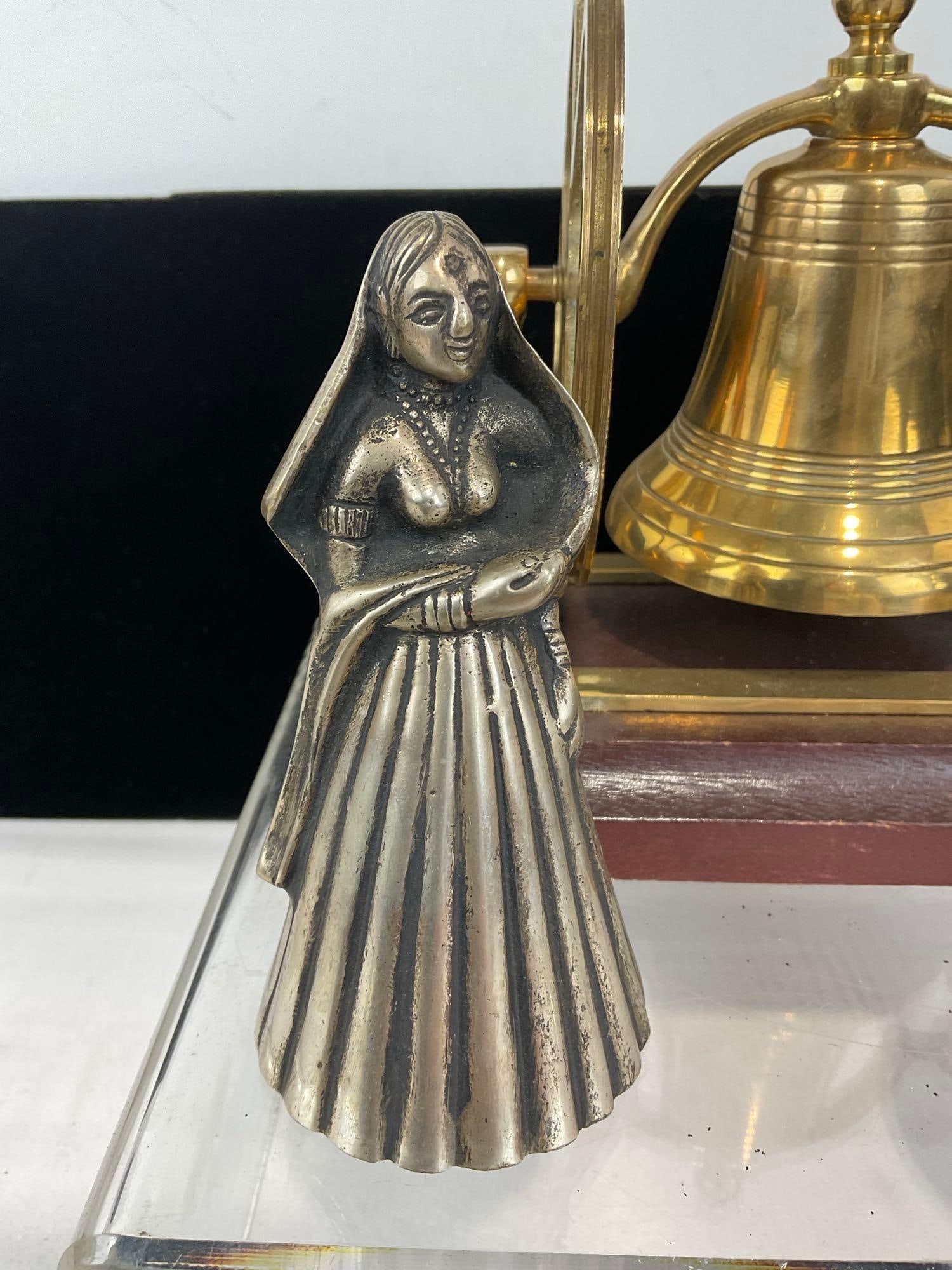 2 Indian Bells, Ghagra Figural Handbell & Vajra Brass Bell, & Brass Belt run Bell w/wooden base - 2