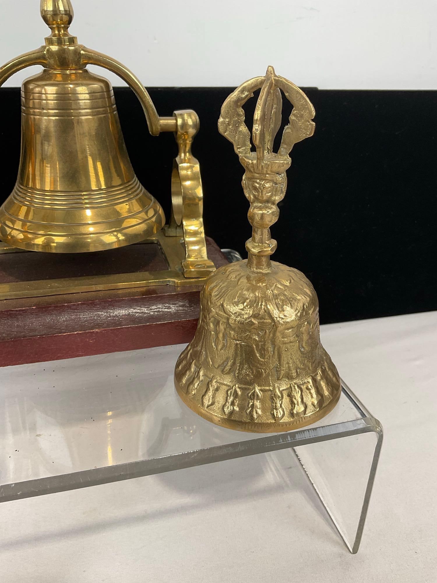 2 Indian Bells, Ghagra Figural Handbell & Vajra Brass Bell, & Brass Belt run Bell w/wooden base - 3