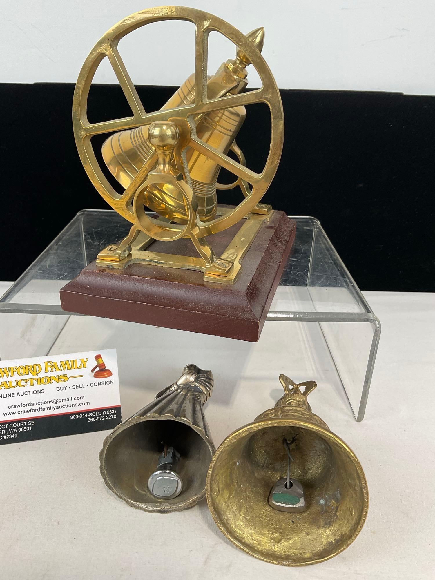 2 Indian Bells, Ghagra Figural Handbell & Vajra Brass Bell, & Brass Belt run Bell w/wooden base - 4