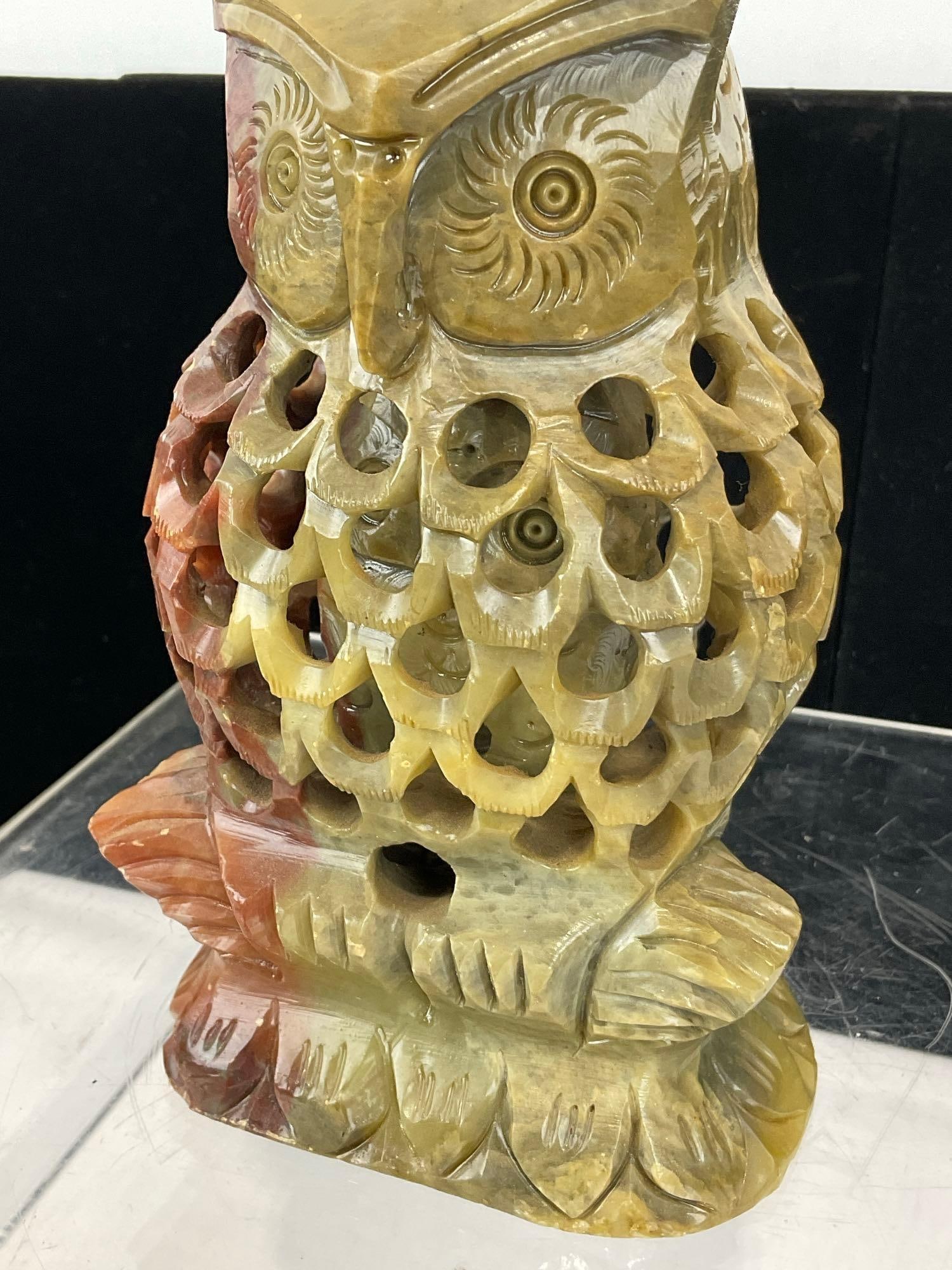 Lovely Jade/Soapstone Owl w/ Owl Baby inside, Stone Sculpture, 7h x 5w x 4d inches - 2